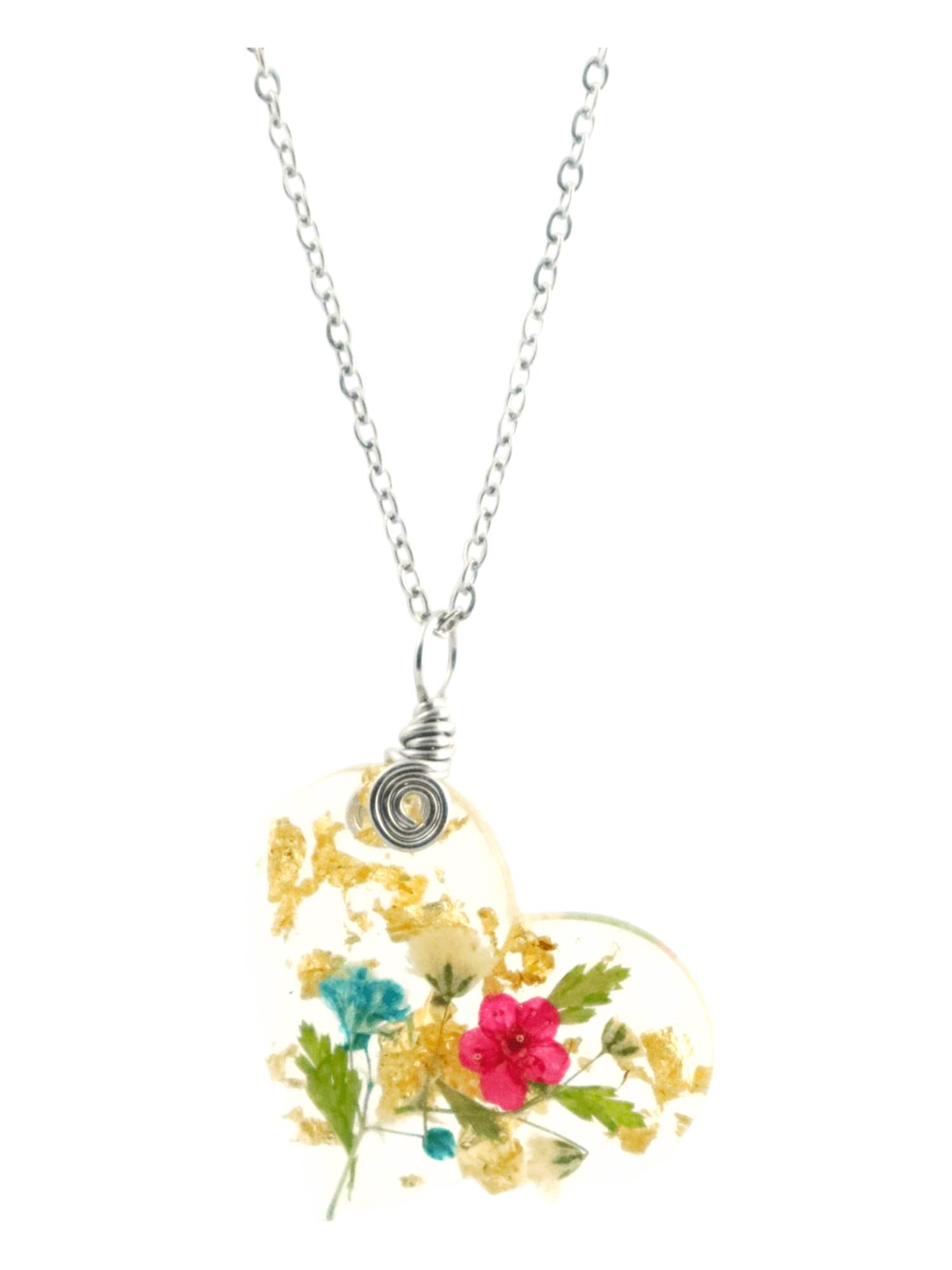 eart-Pendant-Real-Flowers-And-Gold-Flakes-Delicate-Stainless-Steel-Chain-Kaleidoscopes-And-Polka-Dots