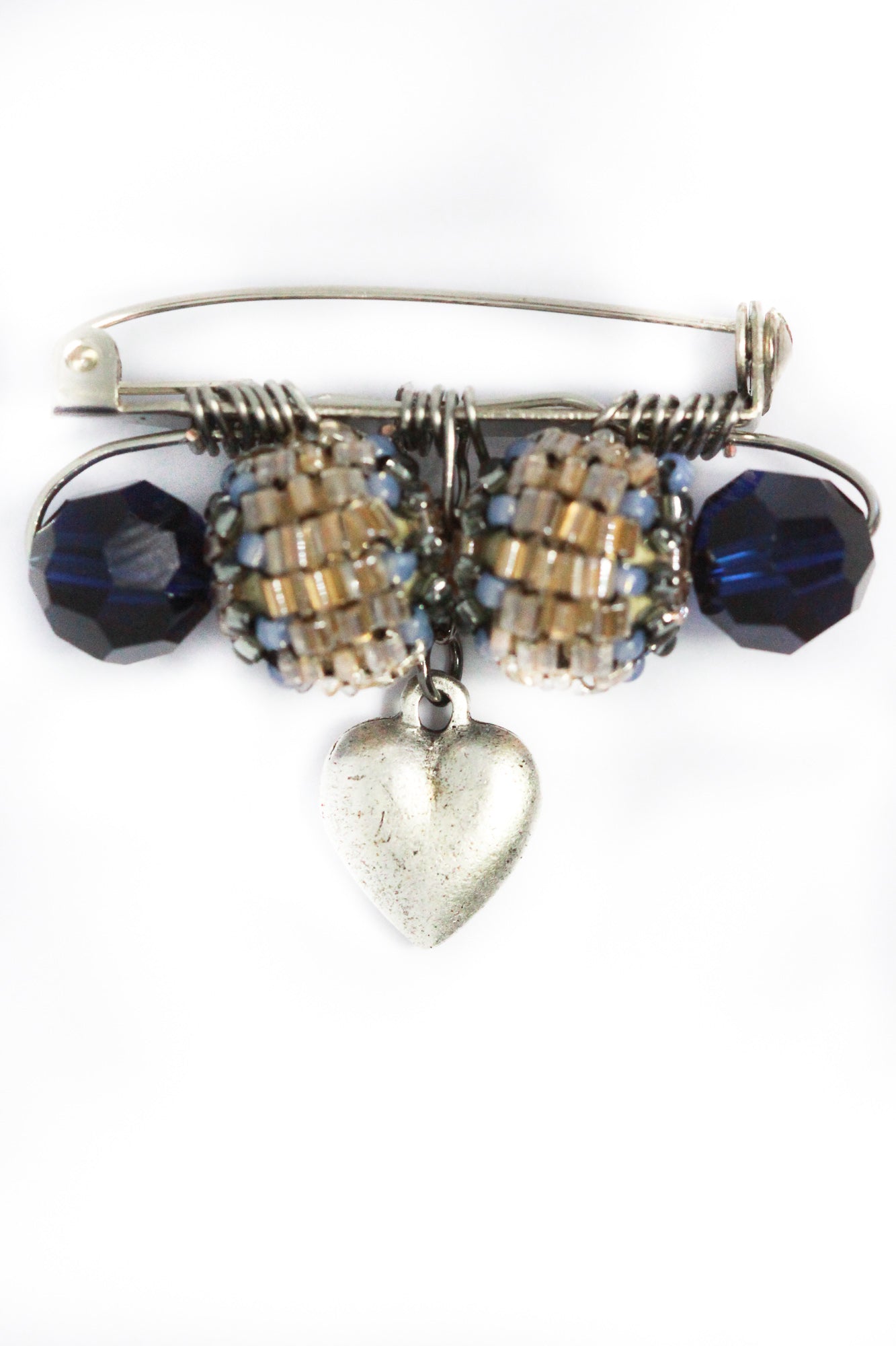 Vintage Inspired Silver Heart And Blue Crystal Brooch - Designer Sweetheart Inspired Jewelry