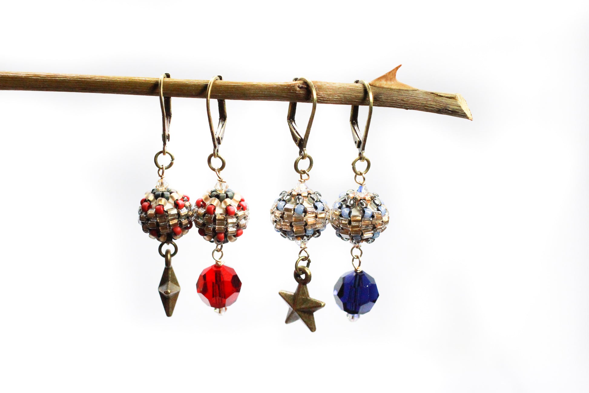 Mismatched Crystal & Brass Star Dangle Earrings by Kaleidoscopes And Polka Dots
