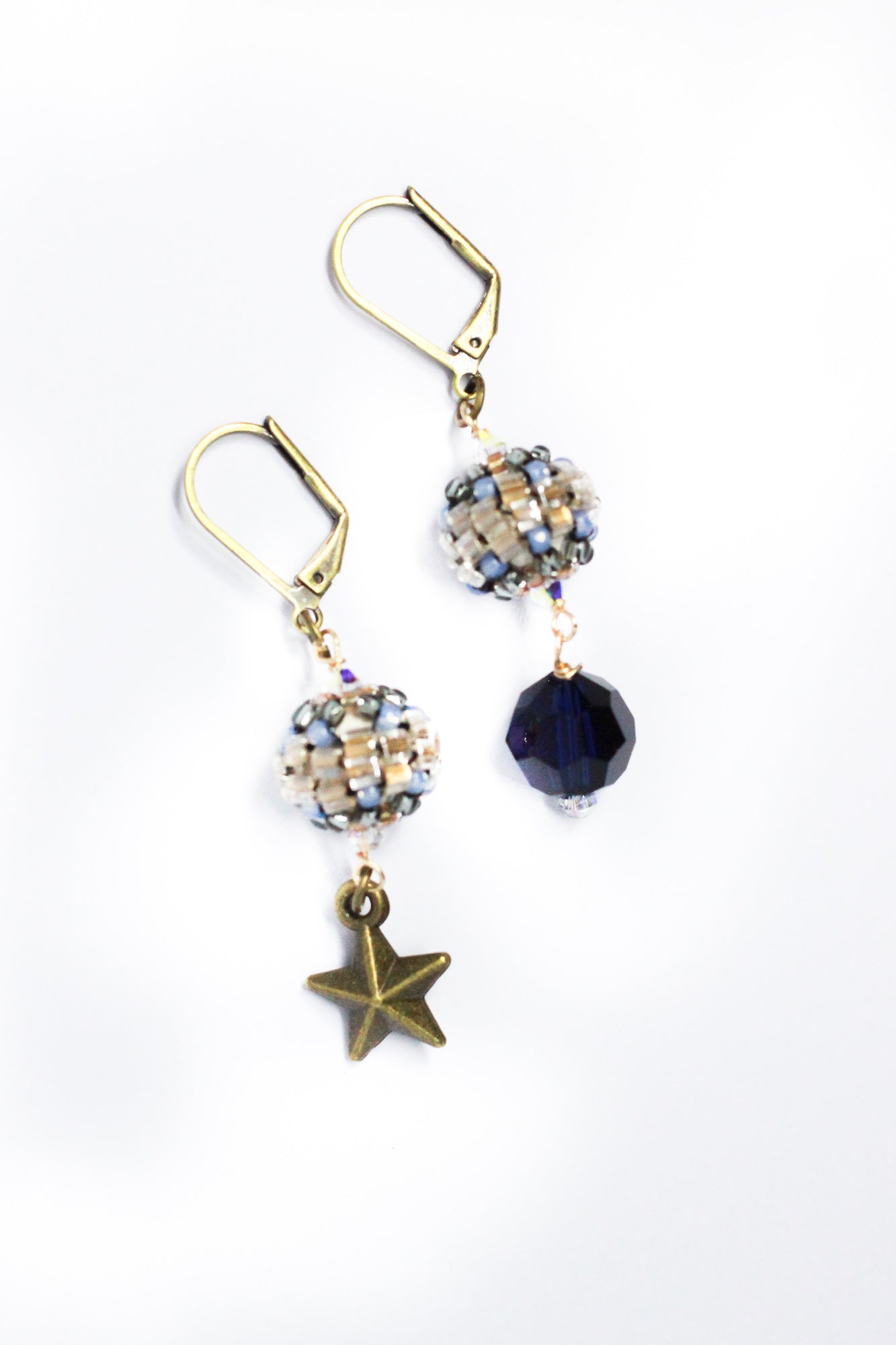Mismatched Crystal & Brass Star Dangle Beaded Earrings