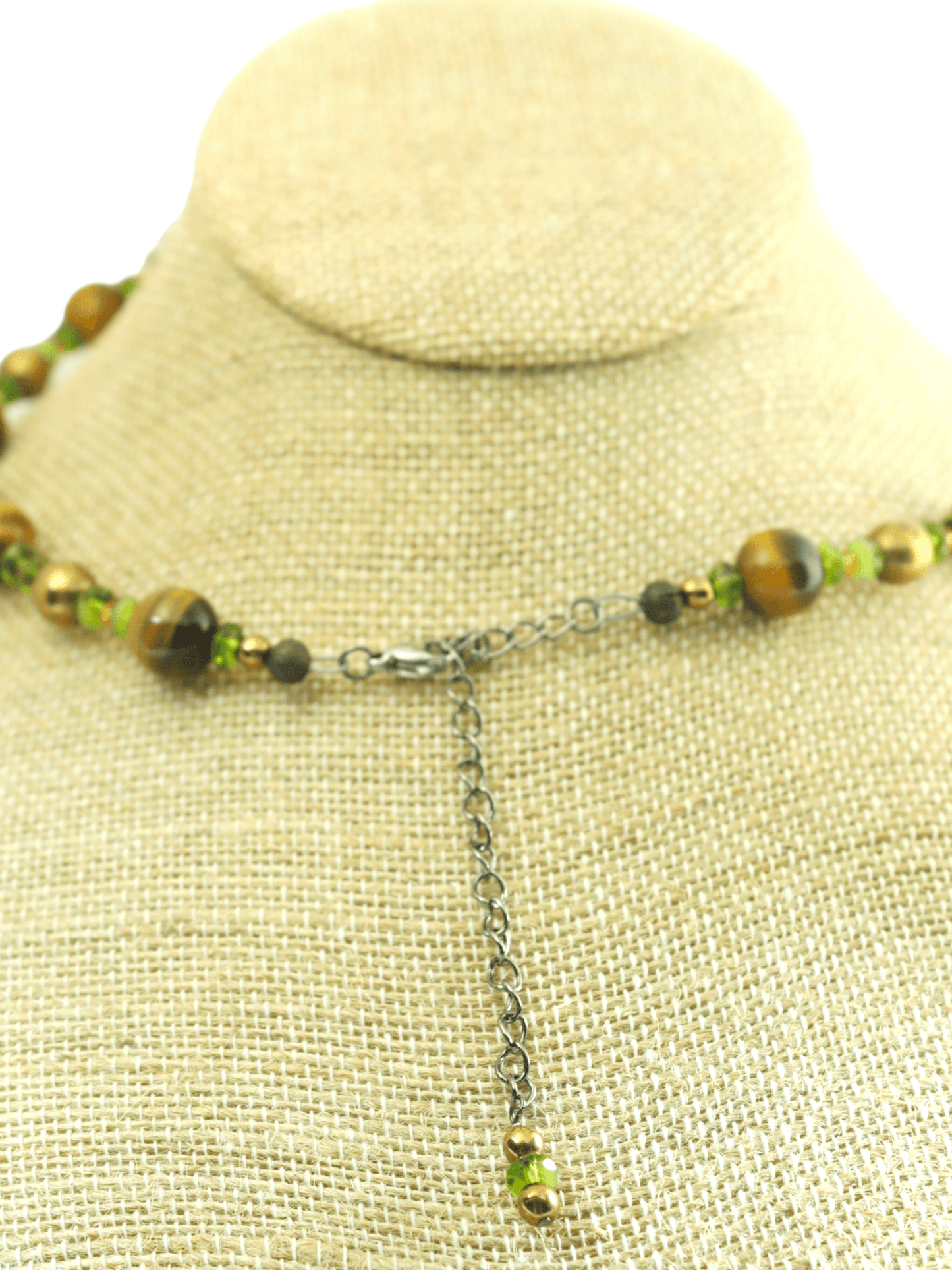 Lobster Clasp And Gunmetal Plated Necklace Extension of Tigers Eye Boho Beaded Necklace - Kaleidoscopes And Polka Dots