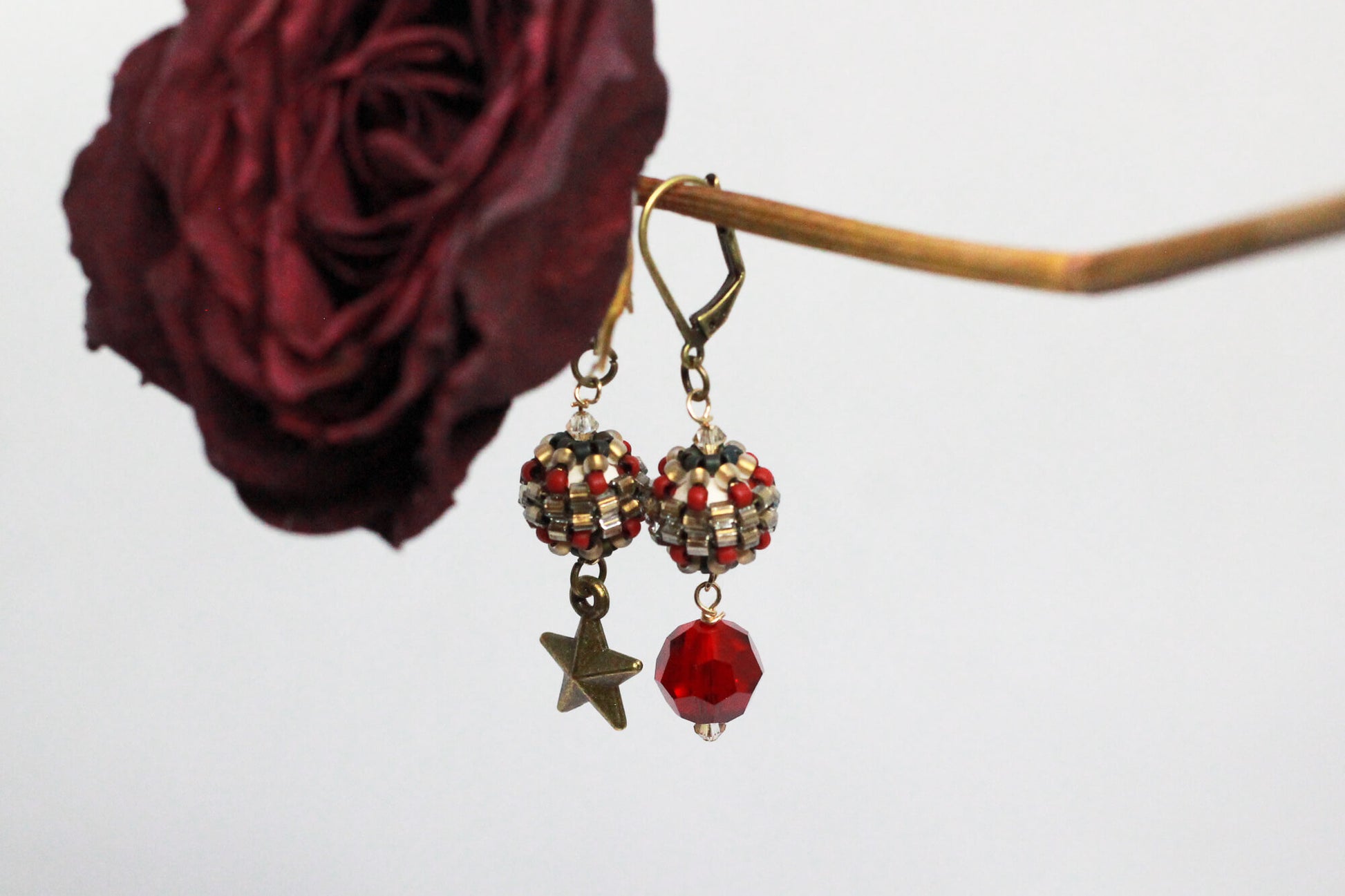 Mismatched Crystal & Brass Star Dangle Earrings Inspired by 1940s Fashion