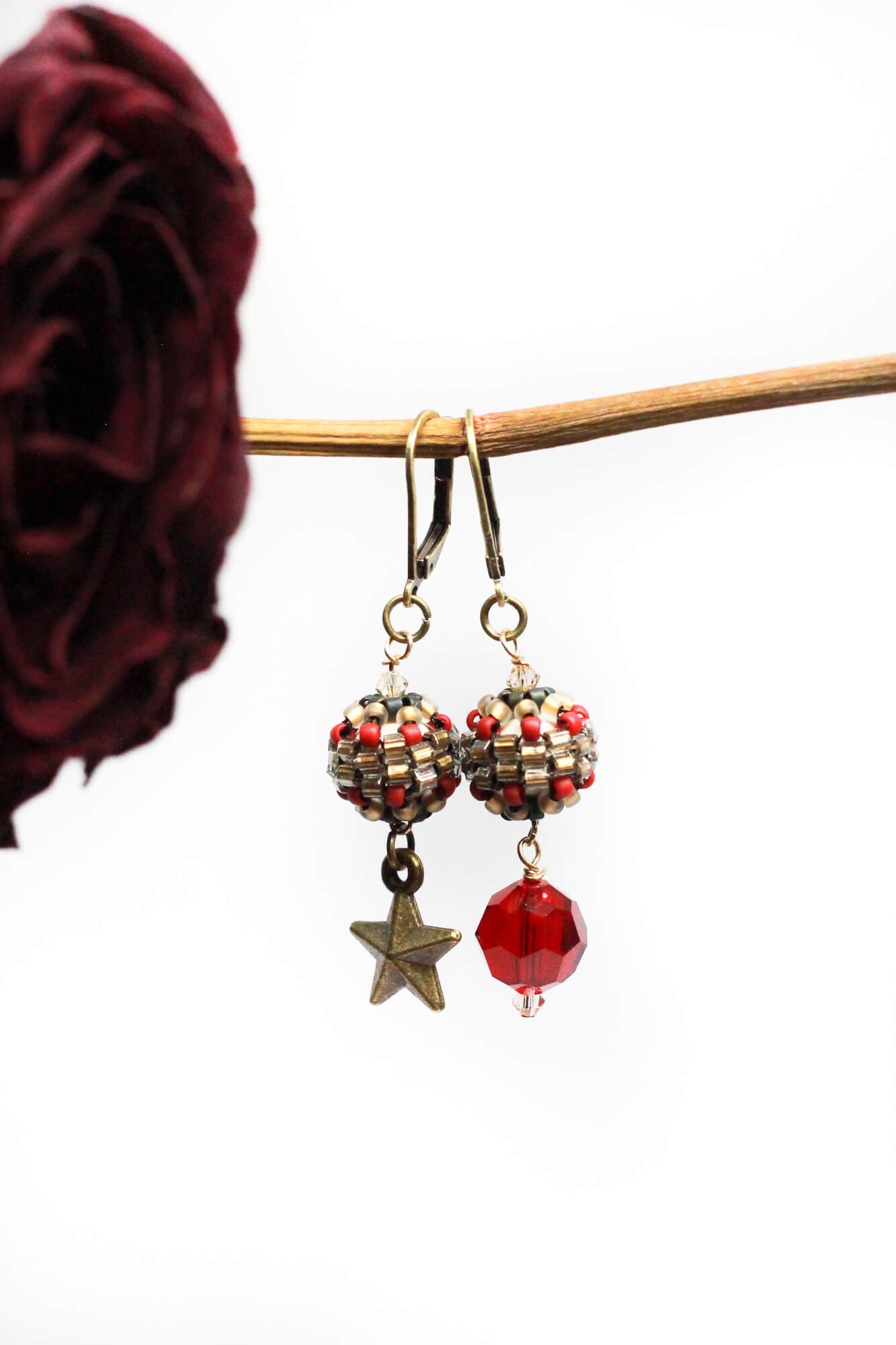 1940's Inspired Mismatched Crystal & Brass Star Dangle Earrings by Kaleidoscopes And Polka Dots
