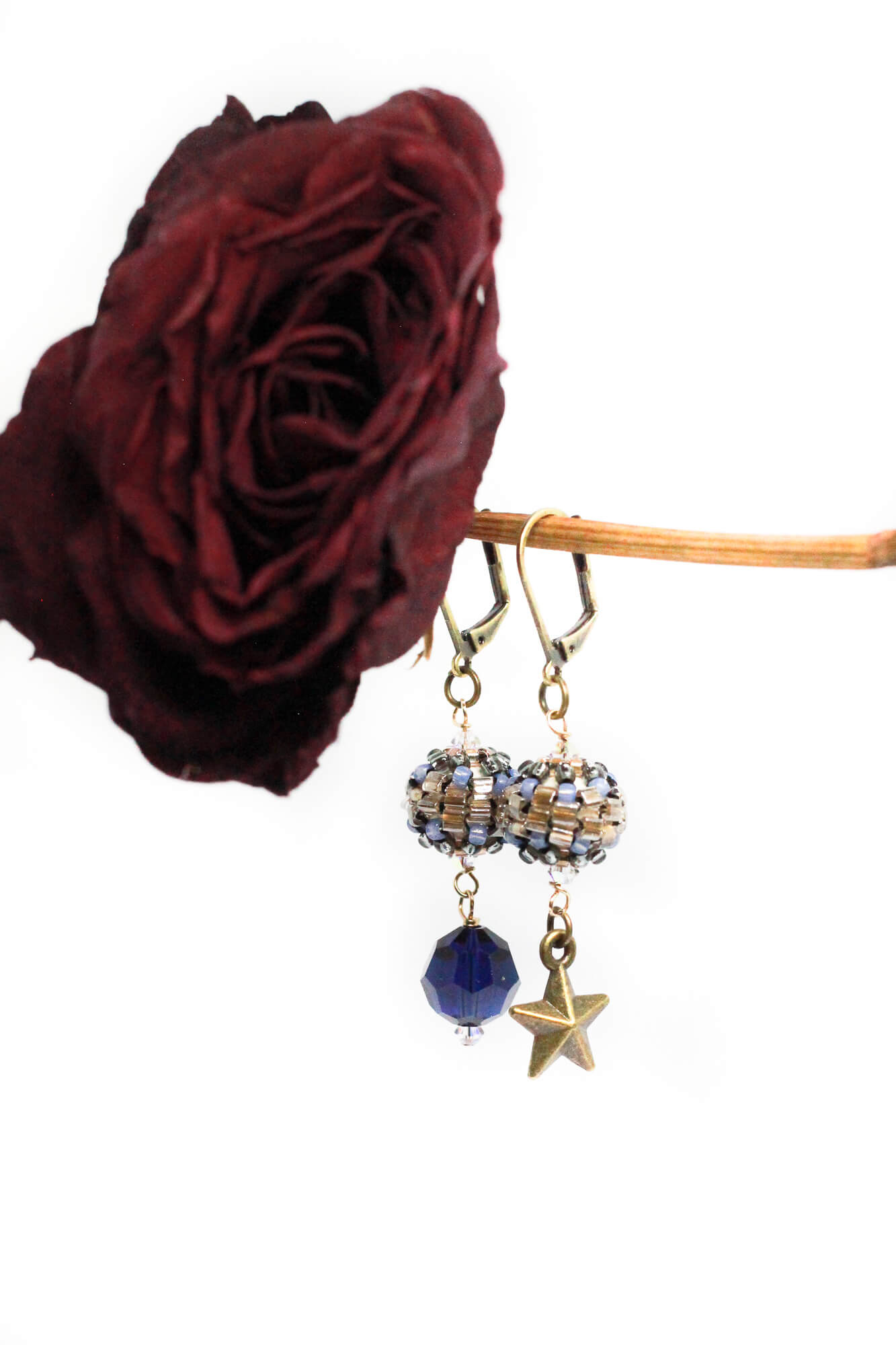 1940s Inspired Mismatched Crystal & Brass Star Dangle Earrings