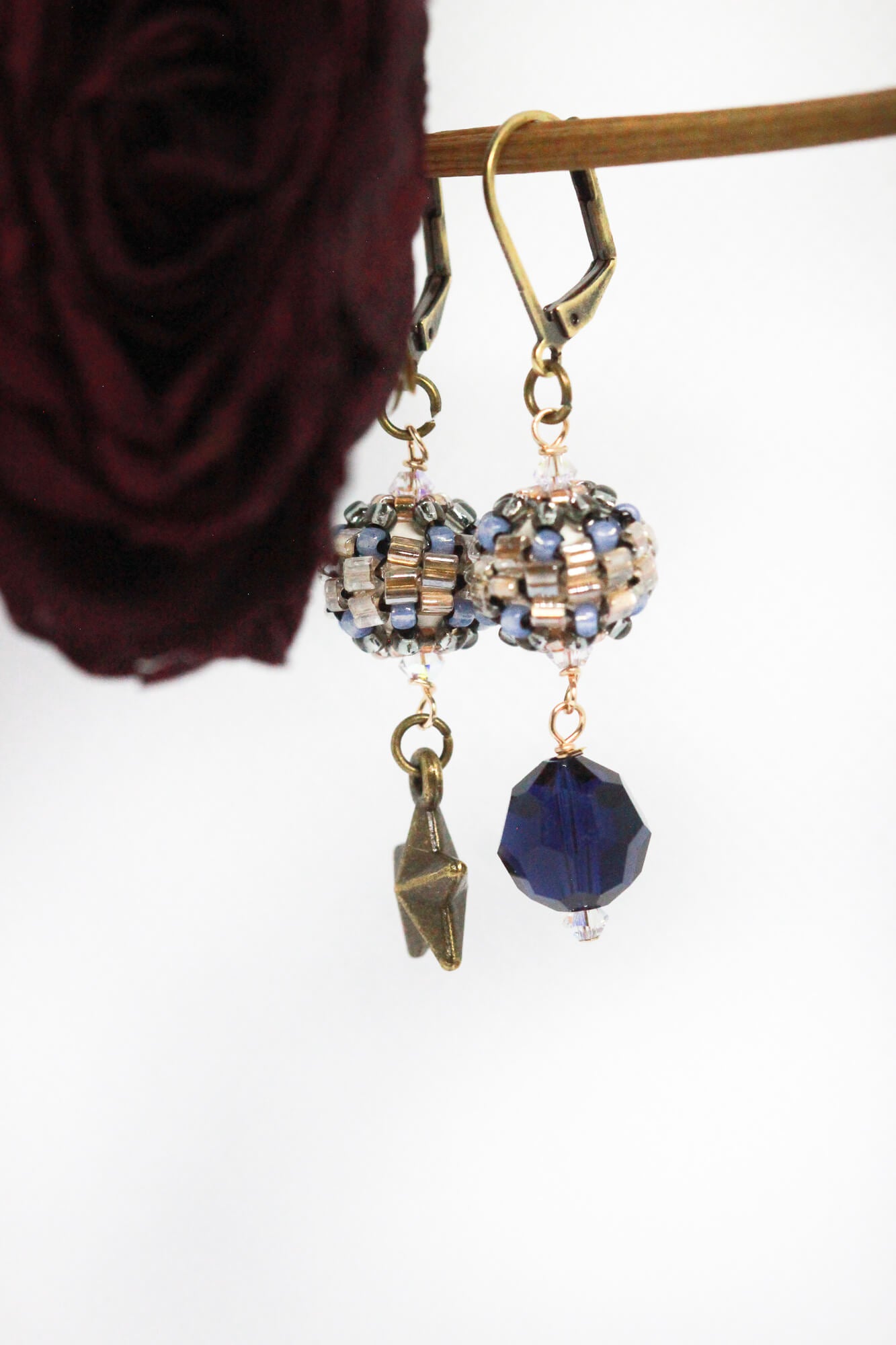 Blue Crystal & Brass Star Dangle Beaded Earrings