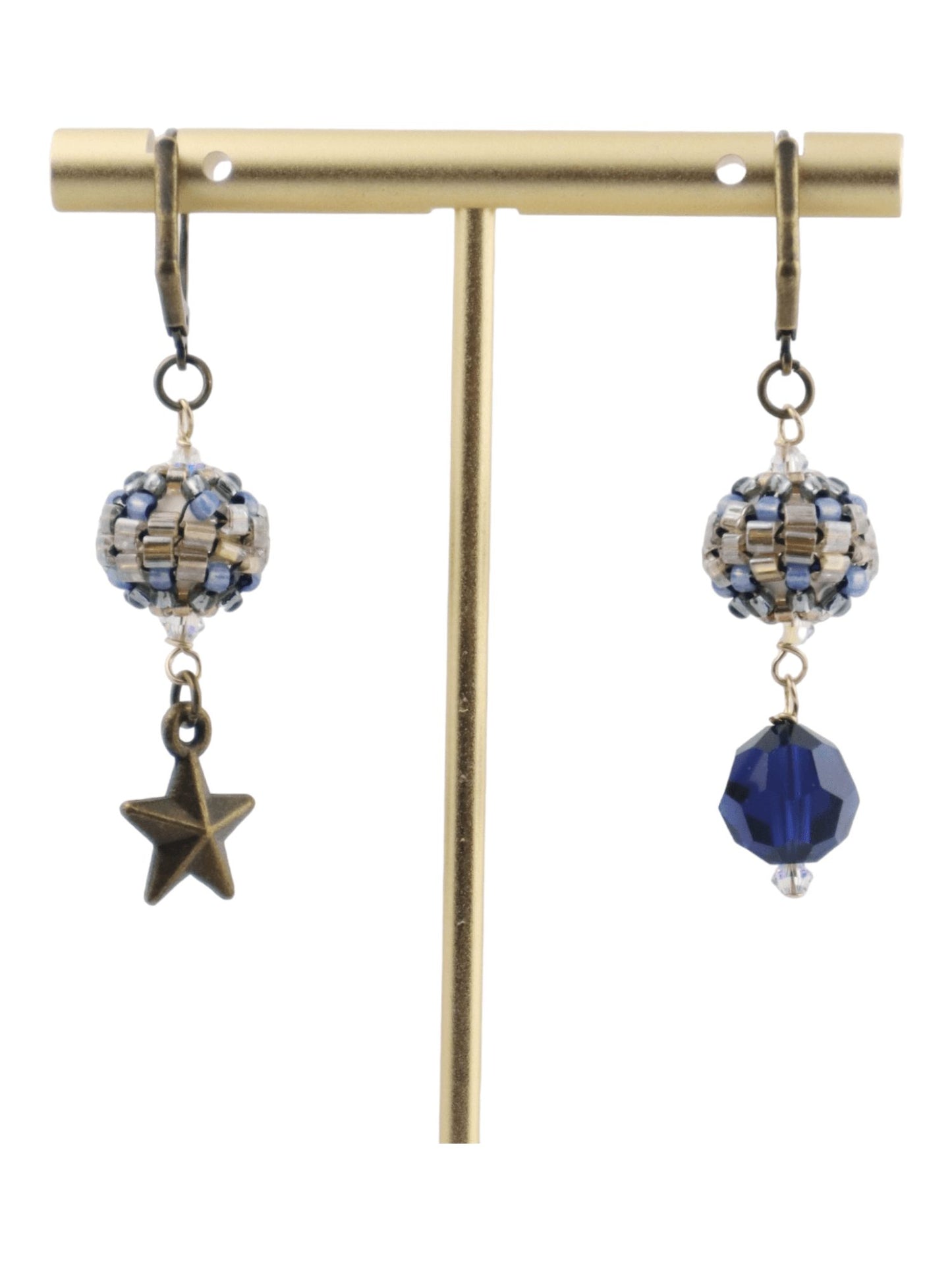 Mismatched-Crystal-Dangle-EArrings---Brass-Stars---BLUE--Kaleidoscopes-And-Polka-Dots