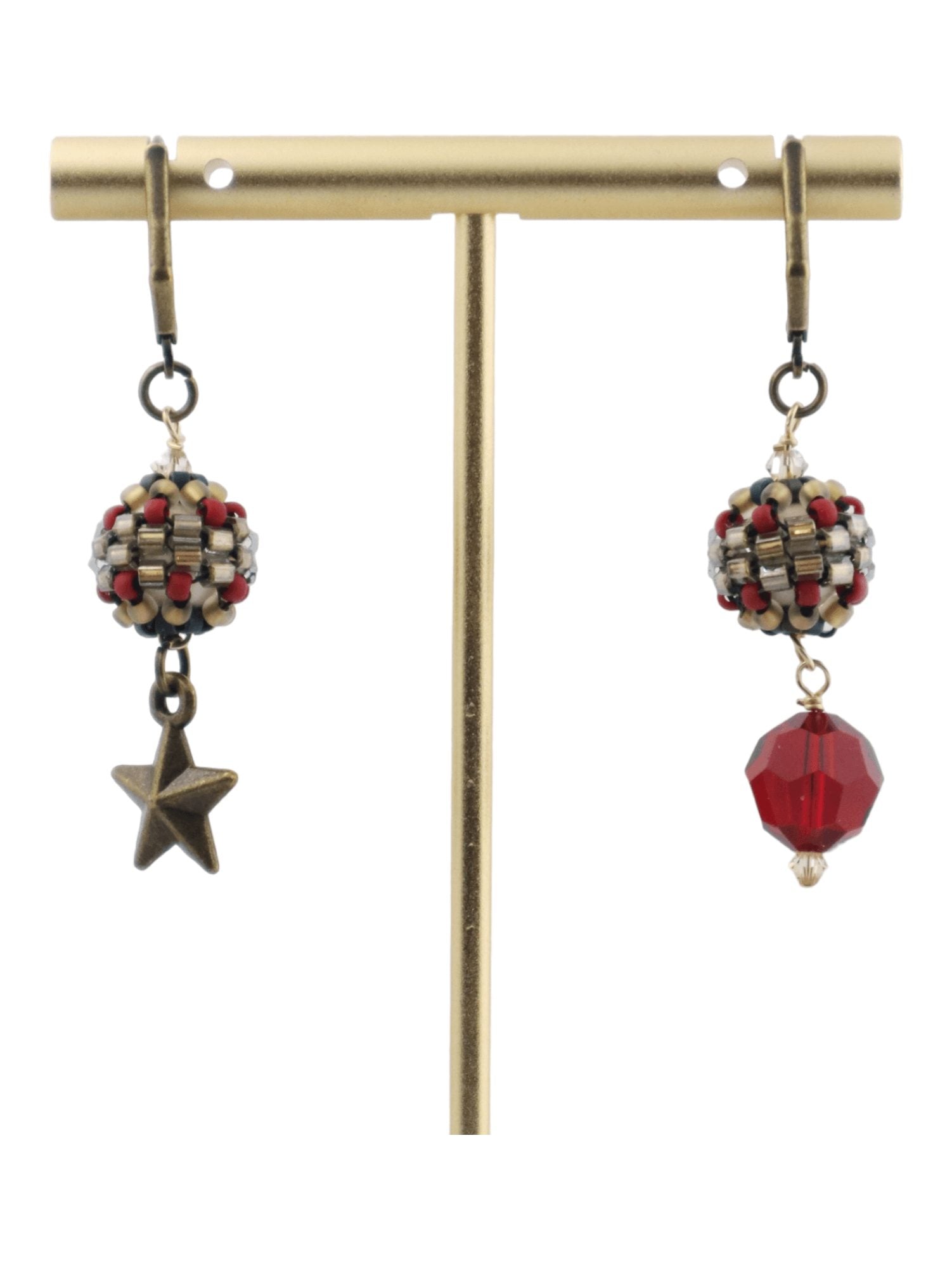 Mismatched-Crystal-Dangle-EArrings---Brass-Stars---RED--Kaleidoscopes-And-Polka-Dots