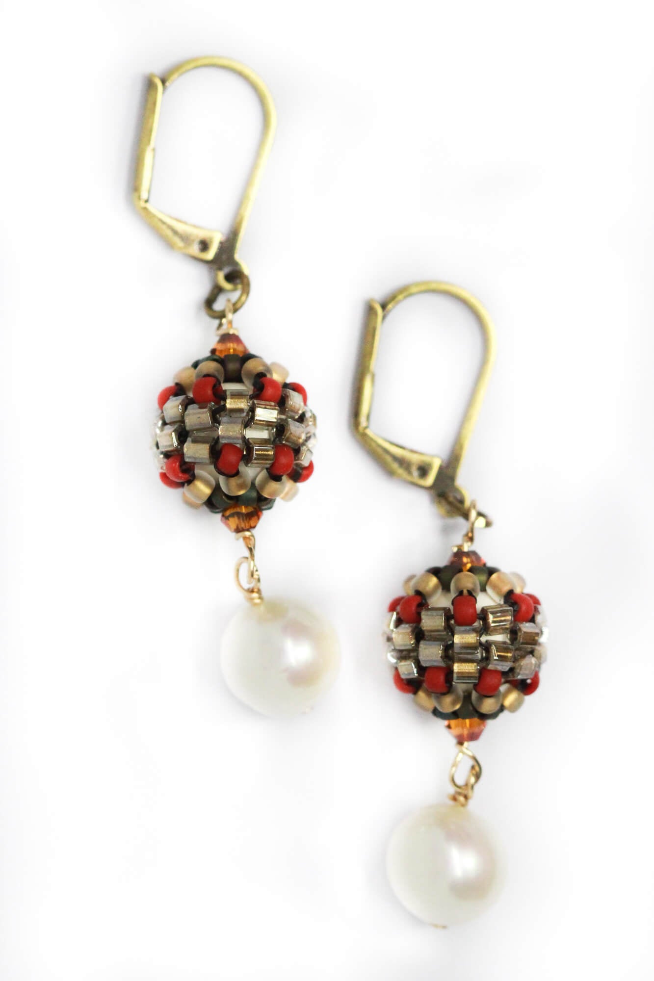 graceful pearl drop earrings - red beaded accents - brass earring hooks - real pearls