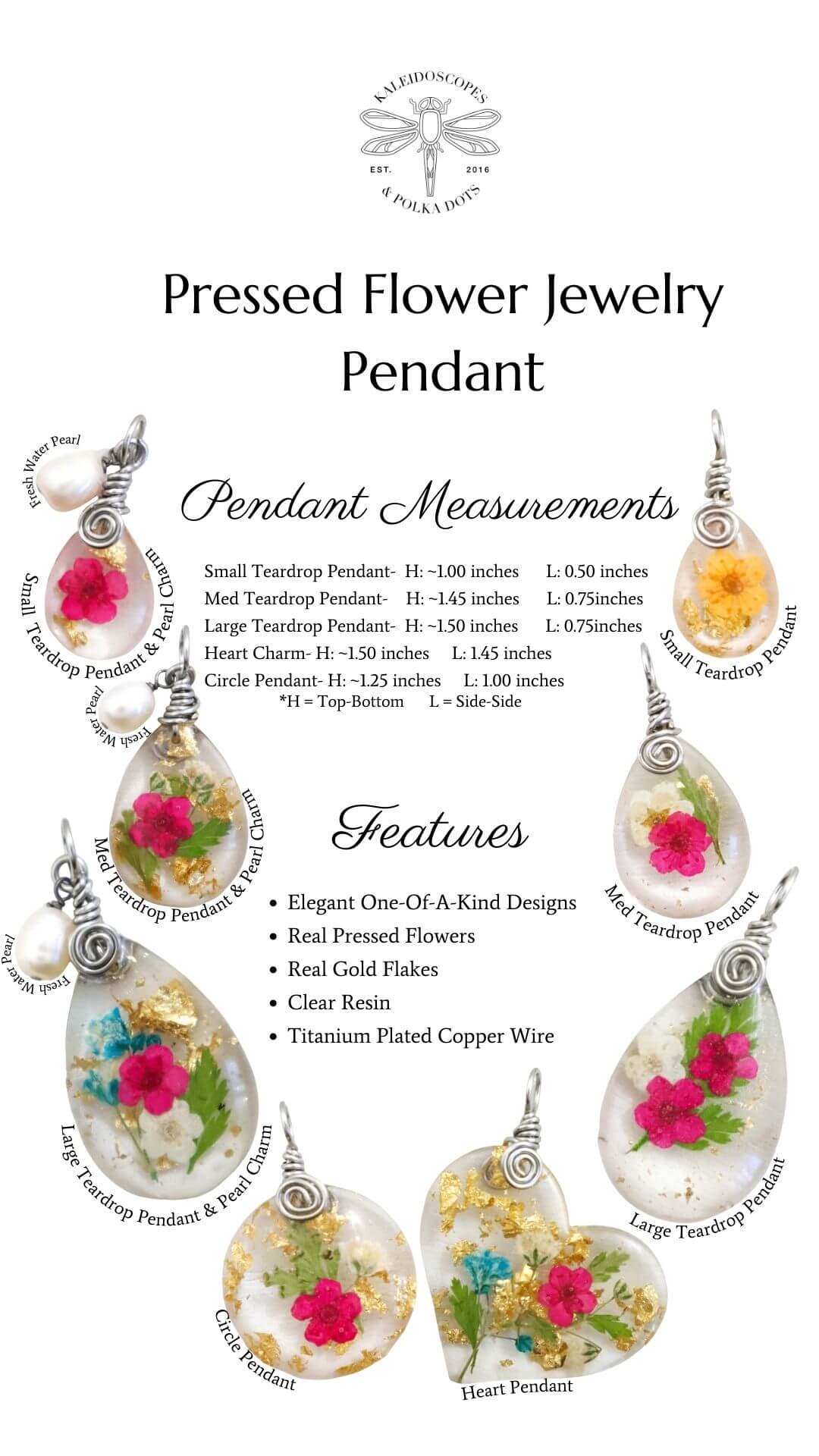 Real Flower Resin Jewelry - Measurements & Features Of Pressed Flower Jewelry Pendants - Kaleidoscopes And Polka Dots