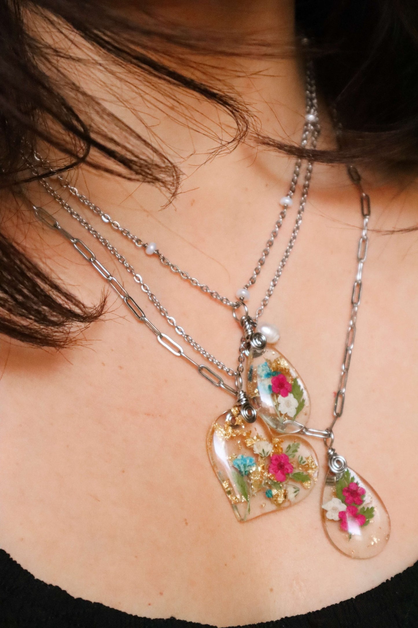 Pressed-Flower-Necklaces-Real-Flower-Necklace-Various-Stainless-Steel-Necklace-Chains-Teardrop-Pendants-Heart-Pendant-Kaleidoscopes-And-Polka-Dots
