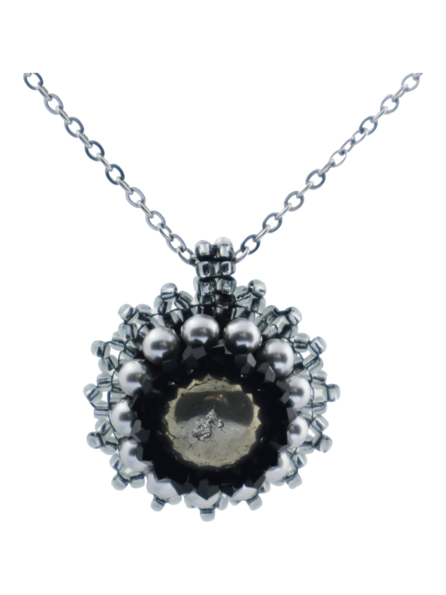 Pyrite gemstone beaded bezel necklace - Kaleidoscopes And Polka Dots