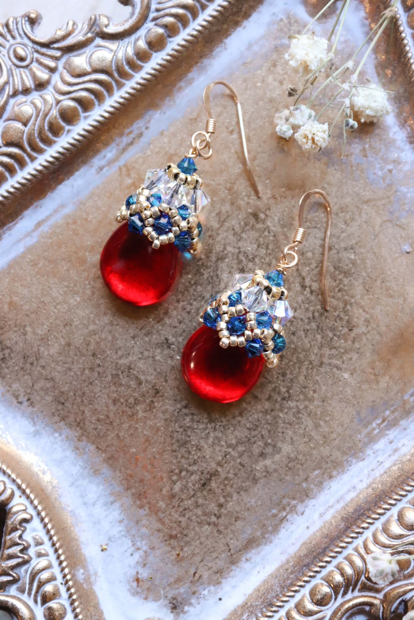 Red Patriotic Dangle Beaded Earrings - Vintage-Inspired Earrings - Kaleidoscopes And Polka Dots