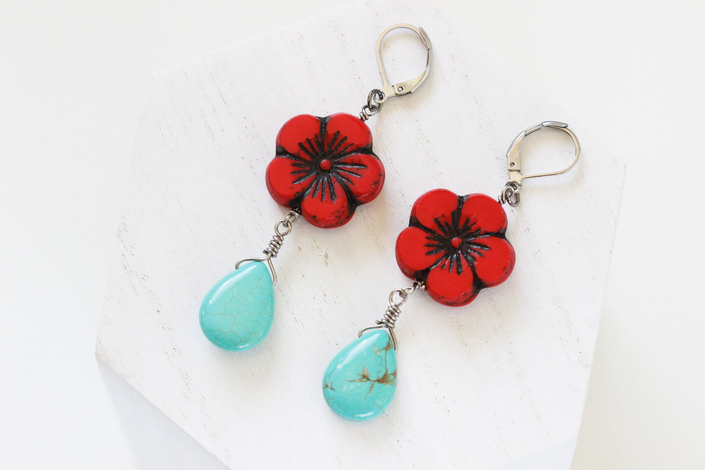 Red Flower Turquoise Drop Earrings - Simple Drop Earrings by Kaleidoscopes And Polka Dots
