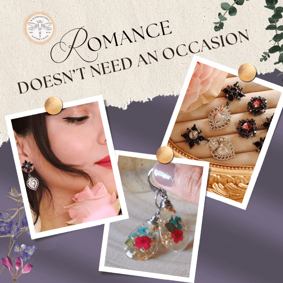 Jewelry display with 'Romance Doesn't Need an Occasion' text and close-up of earrings.