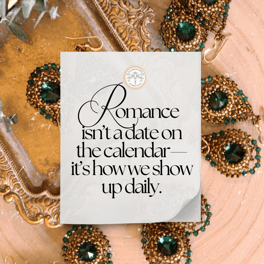 Decorative card with jewelry and romantic quote on a wooden surface