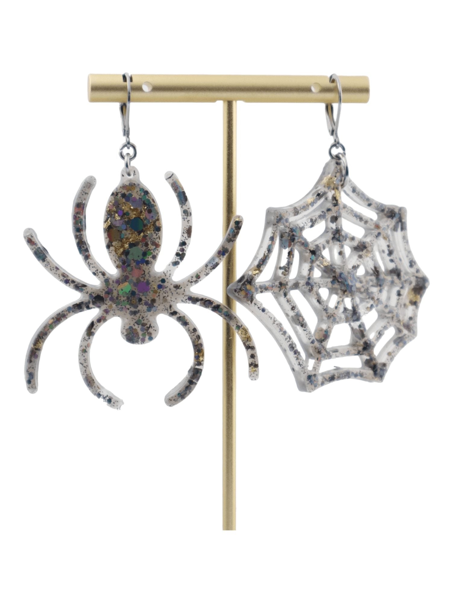 Spiderweb-Earrings---Chrome-&-Silver-Glittery-Earrings---FRONT--Kaleidoscopes-And-Polka-Dots