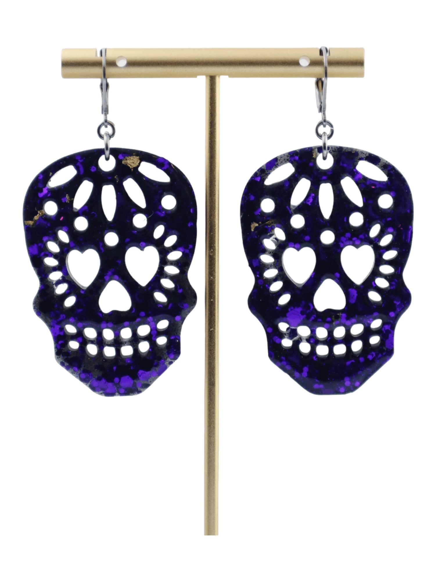 Sugar-Skull-Drop-Earrings---PURPLE-Glittery-Halloween-Earrings---Kaleidoscopes-And-Polka-Dots