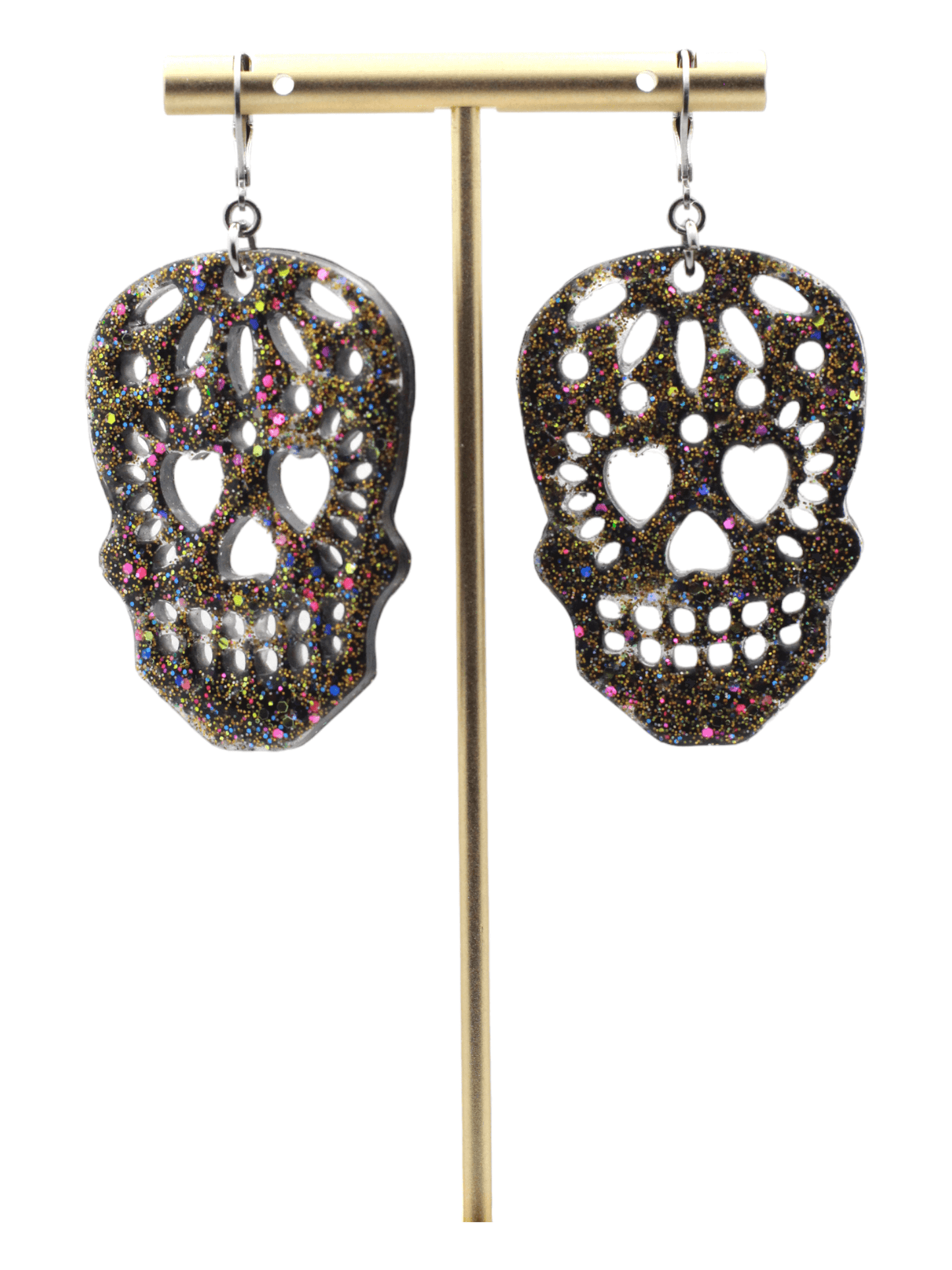 Black And Gold Hallographic Glitter Sugar Skull Resin Dangle Earrings - Statement Day Of The Dead Earrings - Kaleidoscopes And Polka Dots