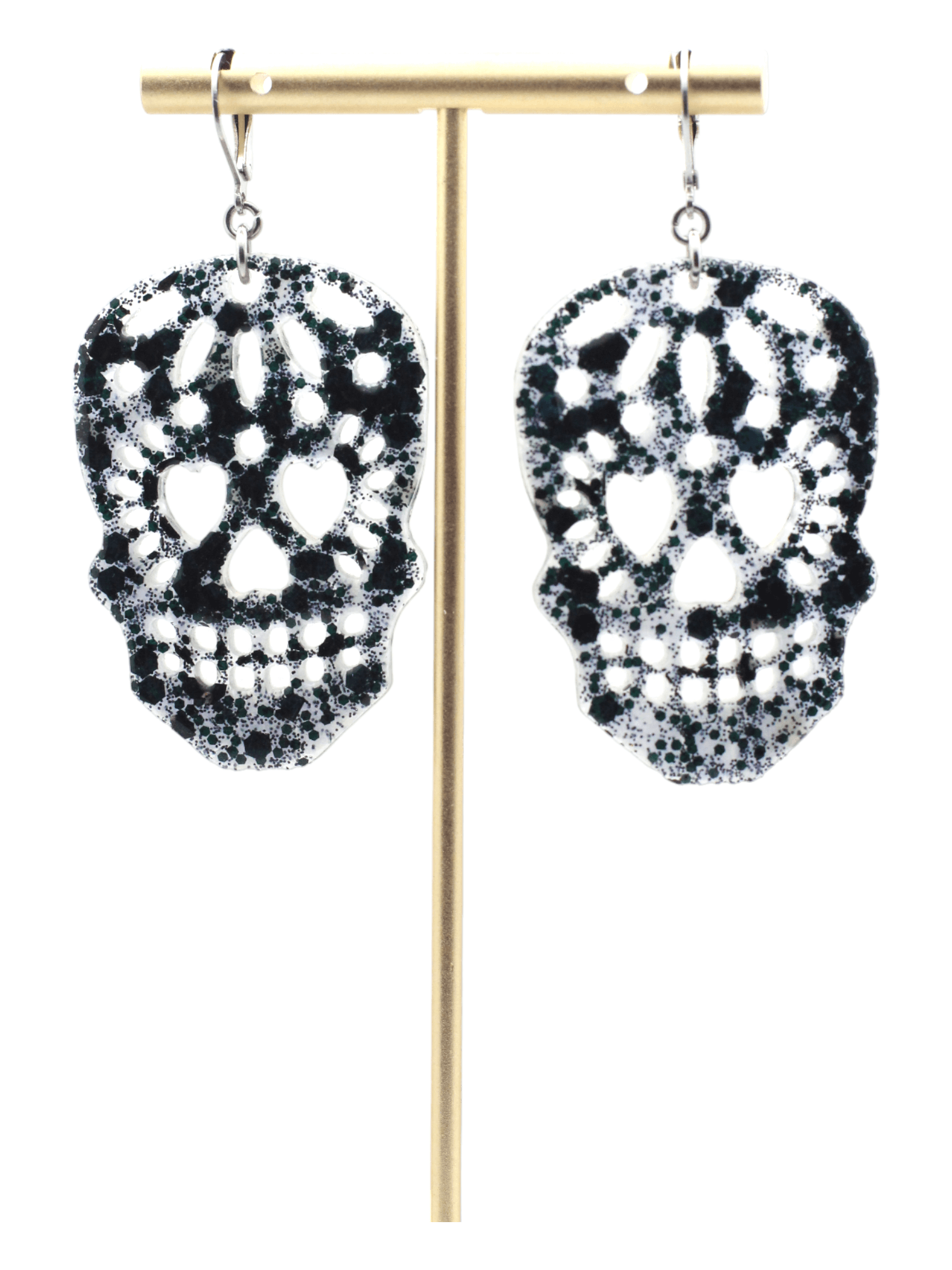 White And Black Glitter Sugar Skull Resin Dangle Earrings - Statement Day Of The Dead Earrings - Kaleidoscopes And Polka Dots