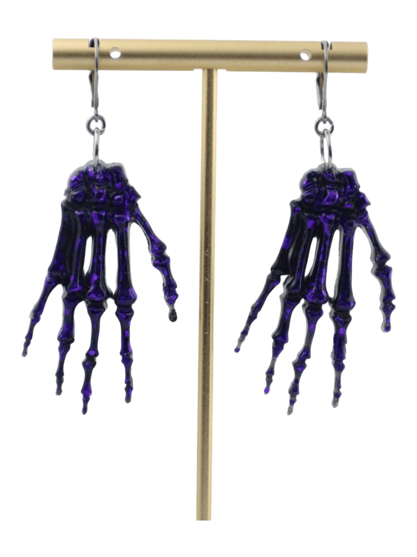 Skeleton-Hand-Earrings---PURPLE-Glittery-Halloween-Statement-Earrings---Kaleidoscopes-And-Polka-Dots