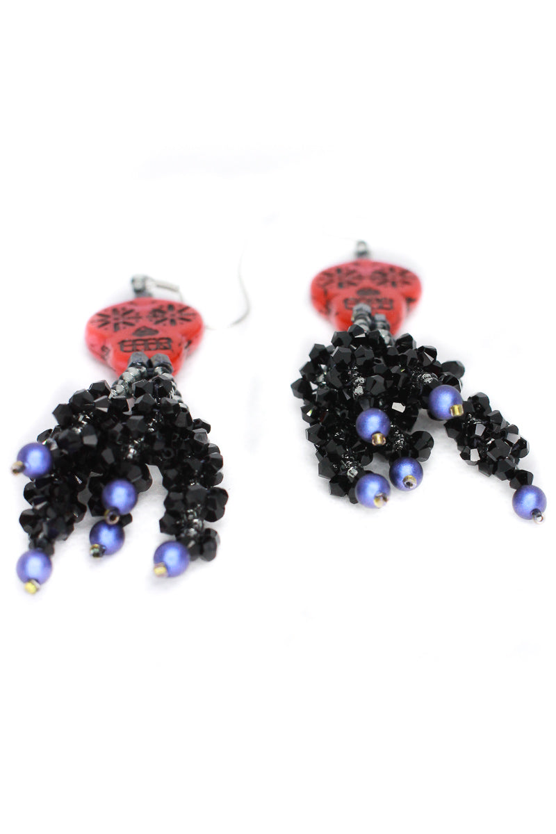 Red Sugar Skull Crystal Tassel Earrings