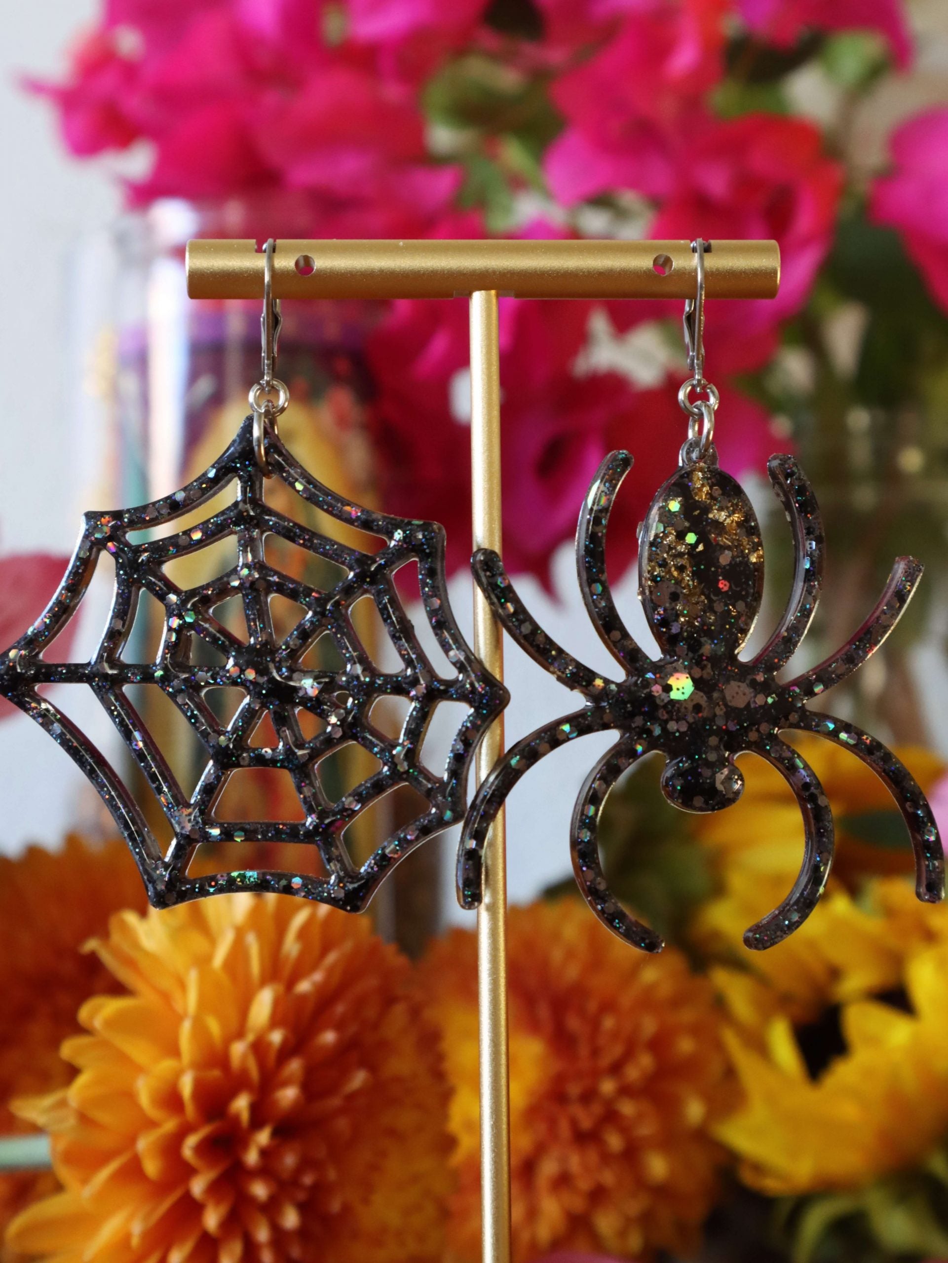 black-and-chrome-glittery-halloween-spiderweb-earrings-by-kaleidoscopes-and-polka-dots-front-view