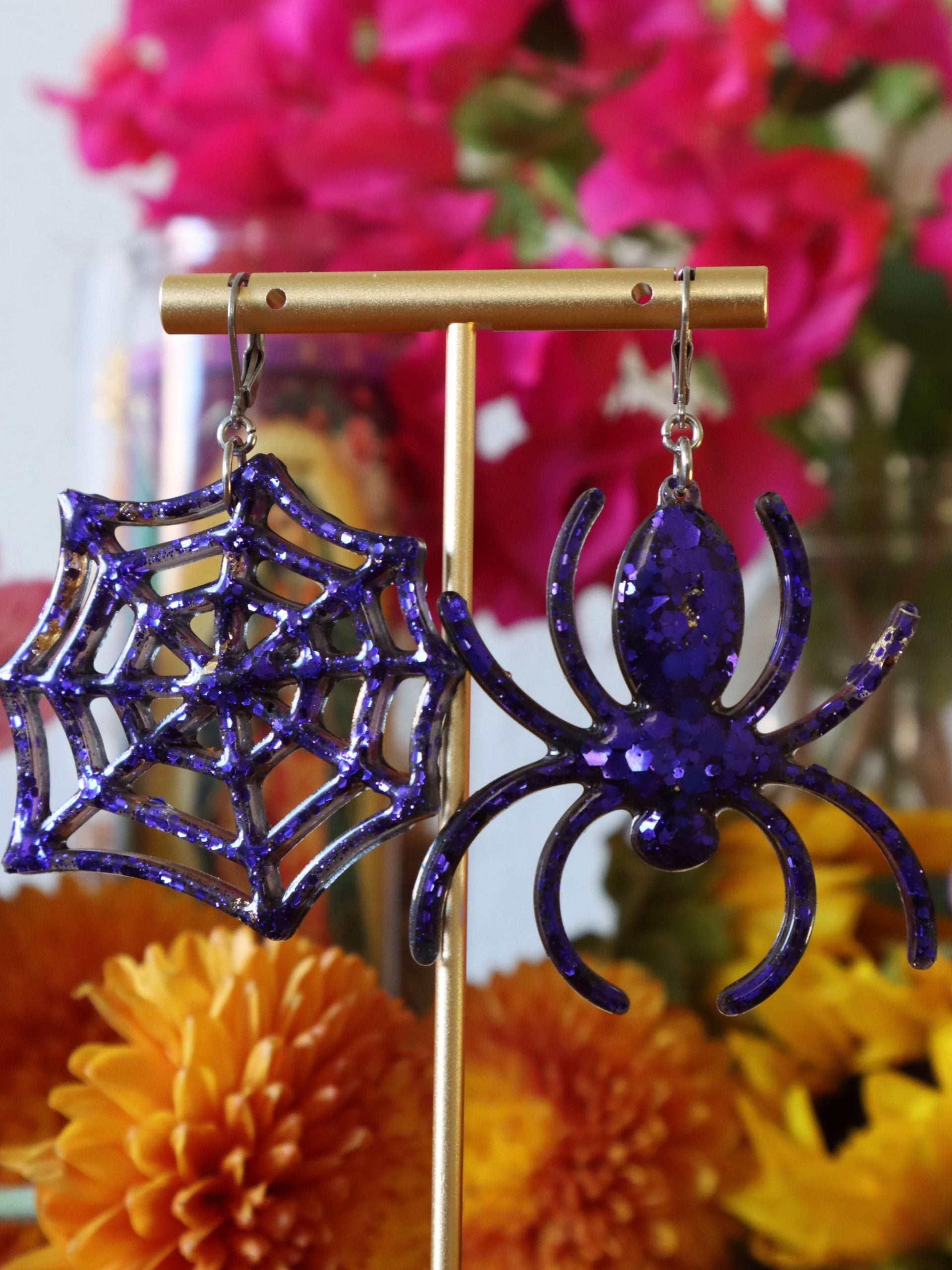 purple-glittery-halloween-spider-earrings-by-kaleidoscopes-and-polka-dots