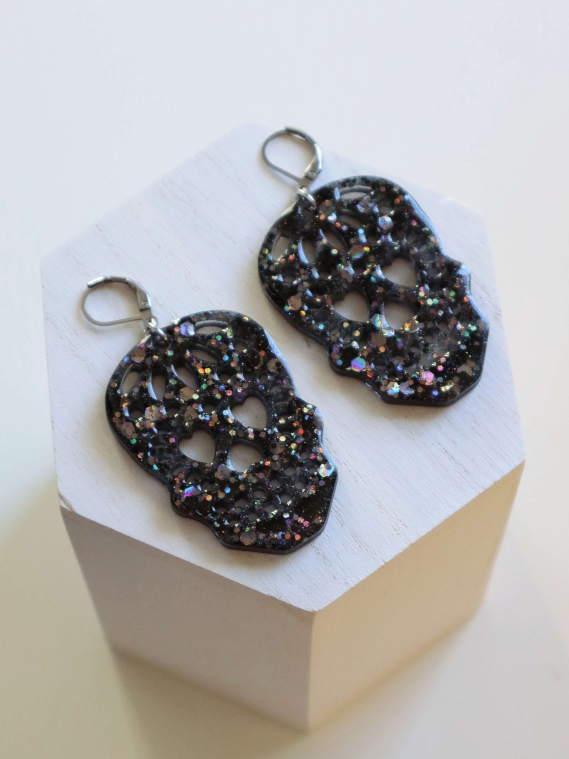 black-chrome-sugar-skull-dangle-earrings-by-kaleidoscopes-and-polka-dots-front