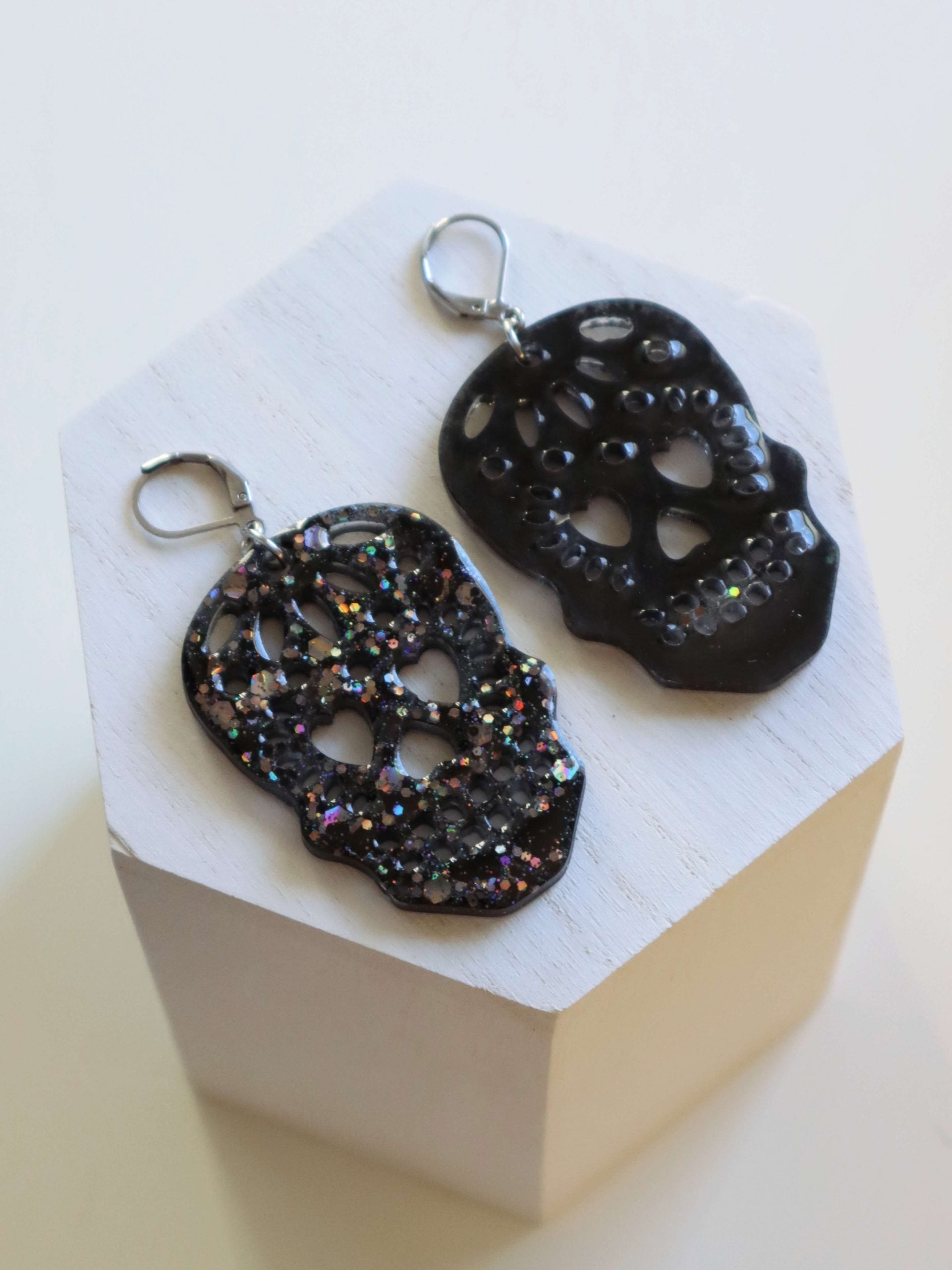 black-chrome-sugar-skull-drop-earrings-by-kaleidoscopes-and-polka-dots-front-and-back