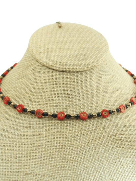 Sweet Red Delicate Flower Beaded Necklace - Kaleidoscopes And Polka Dots