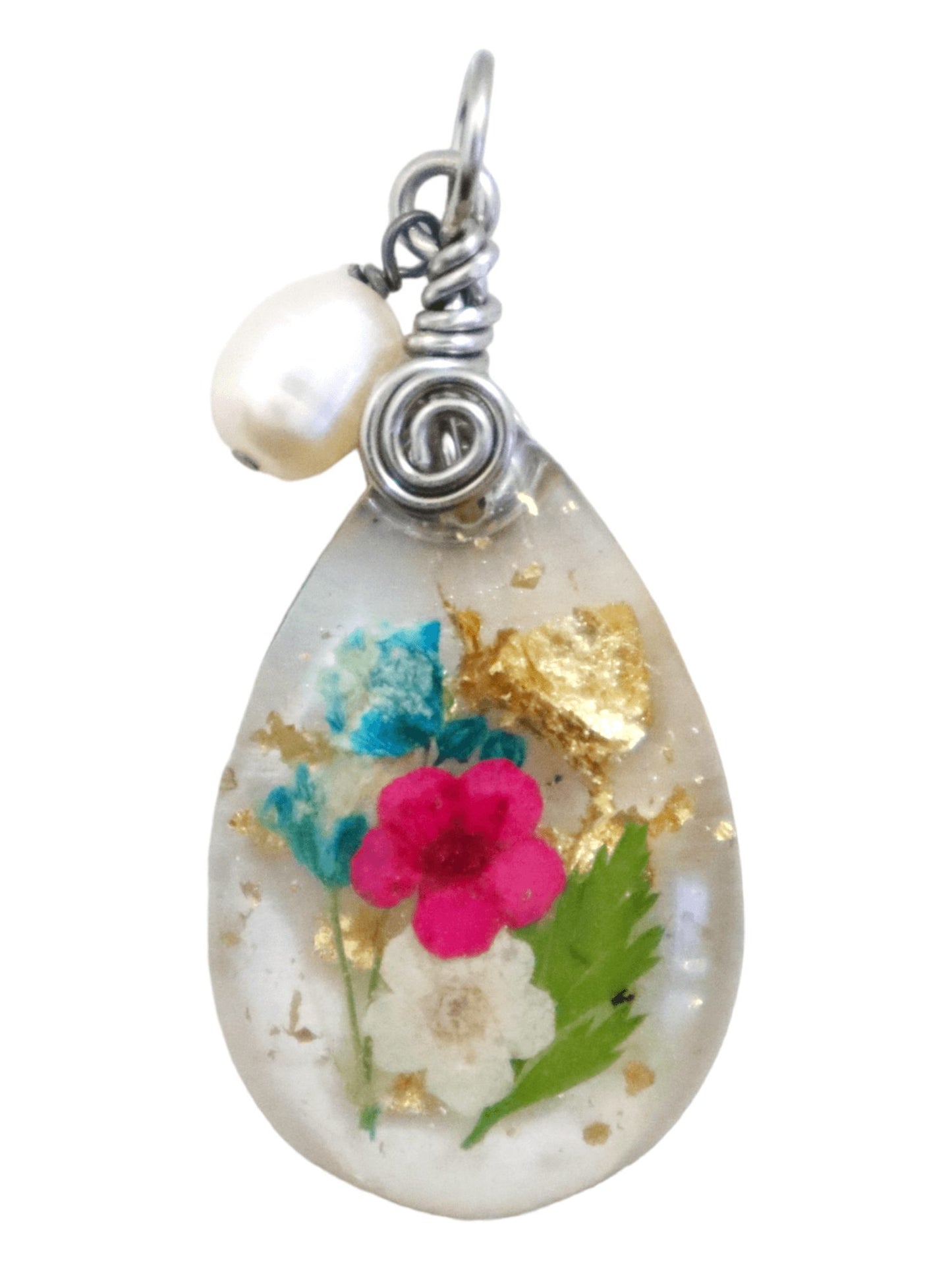 Teardrop-Pendant-With-Real-Flowers-Gold-Flakes-Pearl-Charms-Kaleidoscopes-And-Polka-Dots