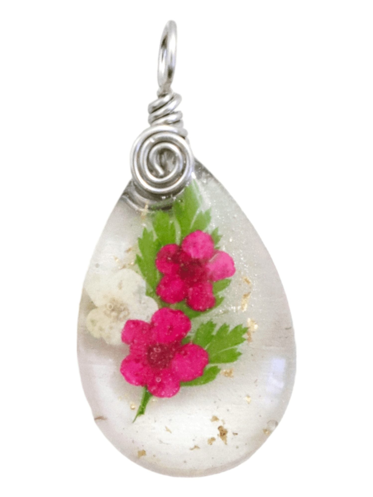 Teardrop-Resin-Pendant-With-Real-Flowers-and-Gold-Flakes-Kaleidoscopes-And-Polka-Dots.