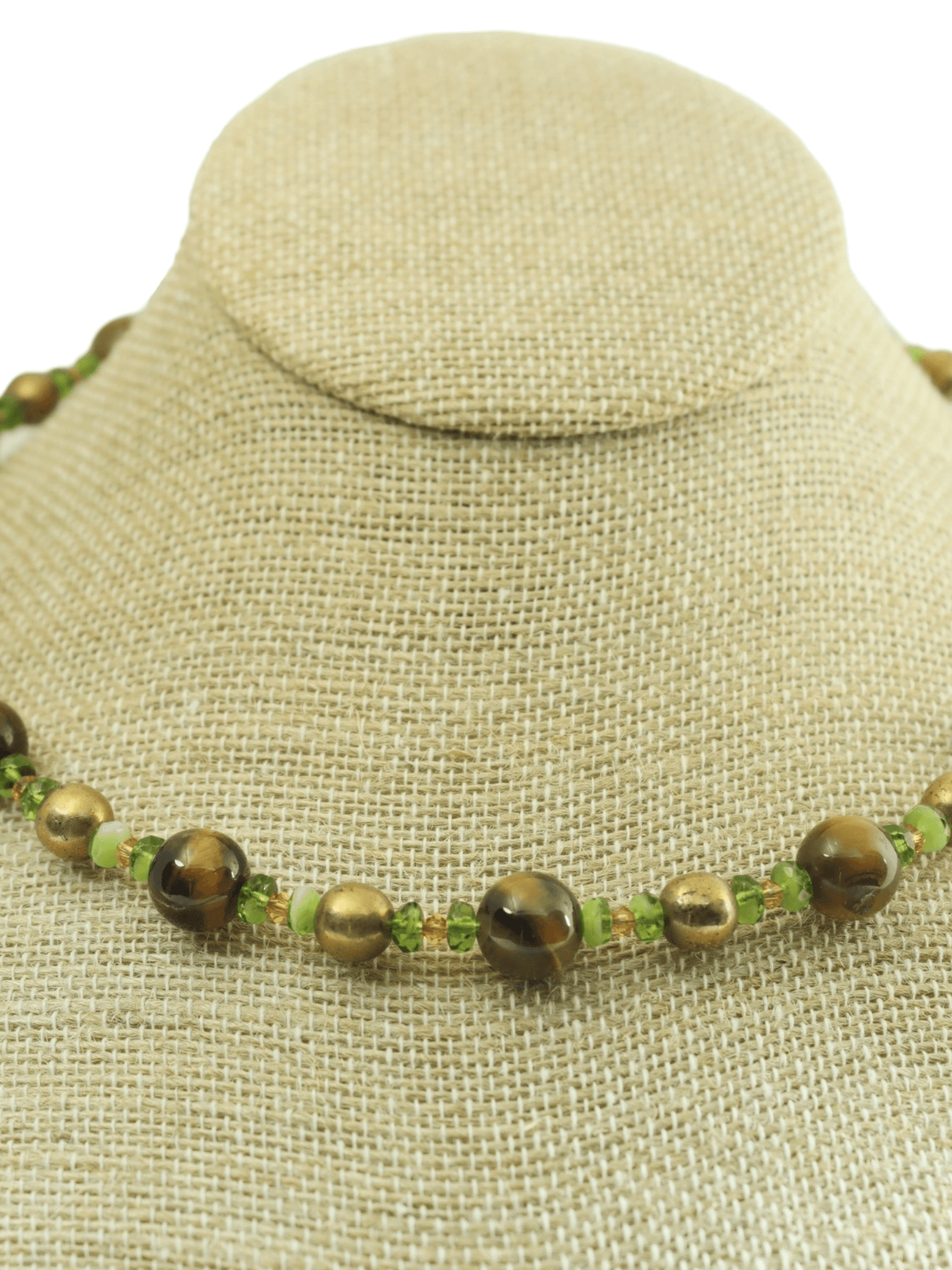 Tigers Eye, Bronze, Green, and Crystal Boho Beaded Necklace - Kaleidoscopes And Polka Dots
