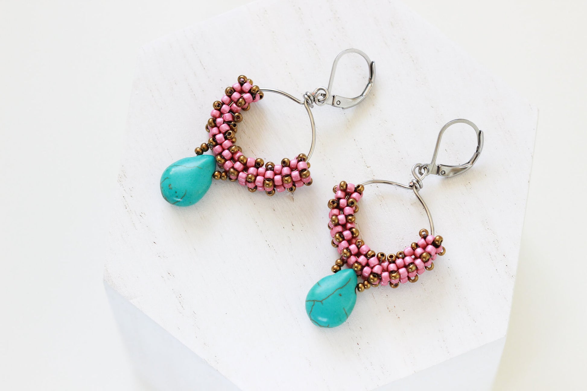 Pink Hoop Turquoise Drop Earrings - Beaded Hoop Earrings by Kaleidoscopes And Polka Dots