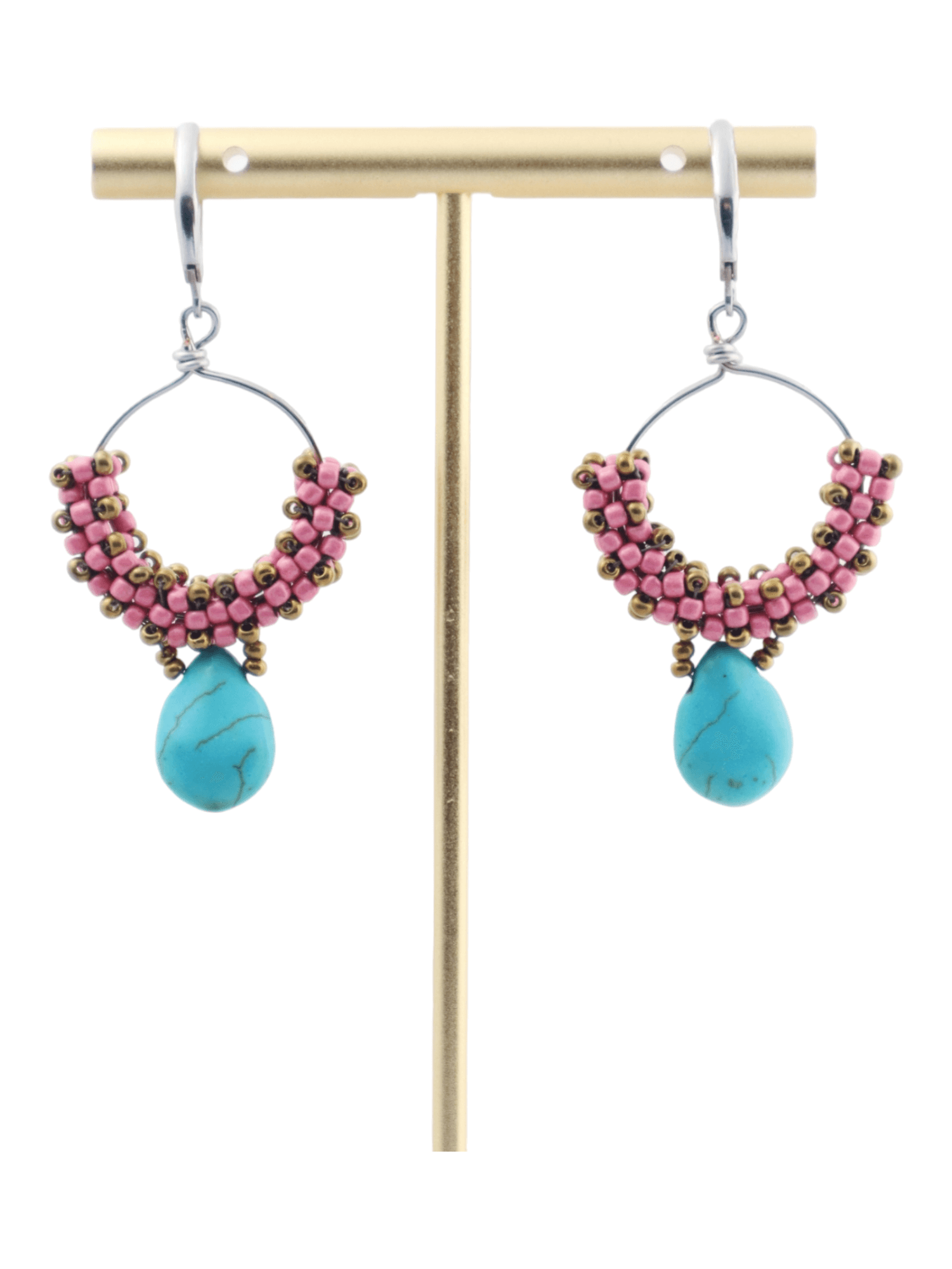 Pink Hoop-Turquoise-Drop-Beaded-Earrings---Hot-Pink-Hoop-Earrings---Kaleidoscopes-And-Polka-Dots