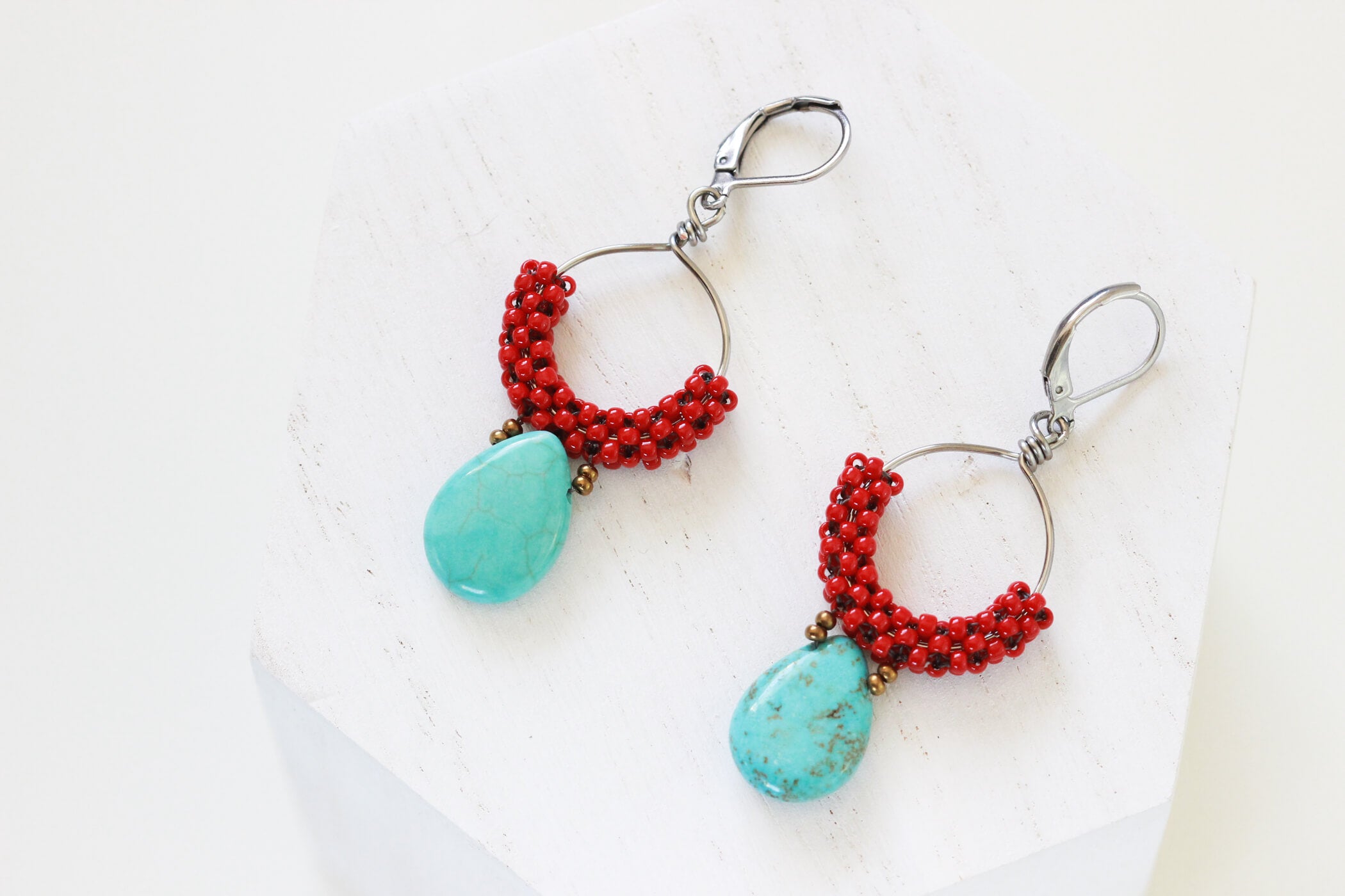 Red Hoop Turquoise Dangle Earrings Red Statement Earrings