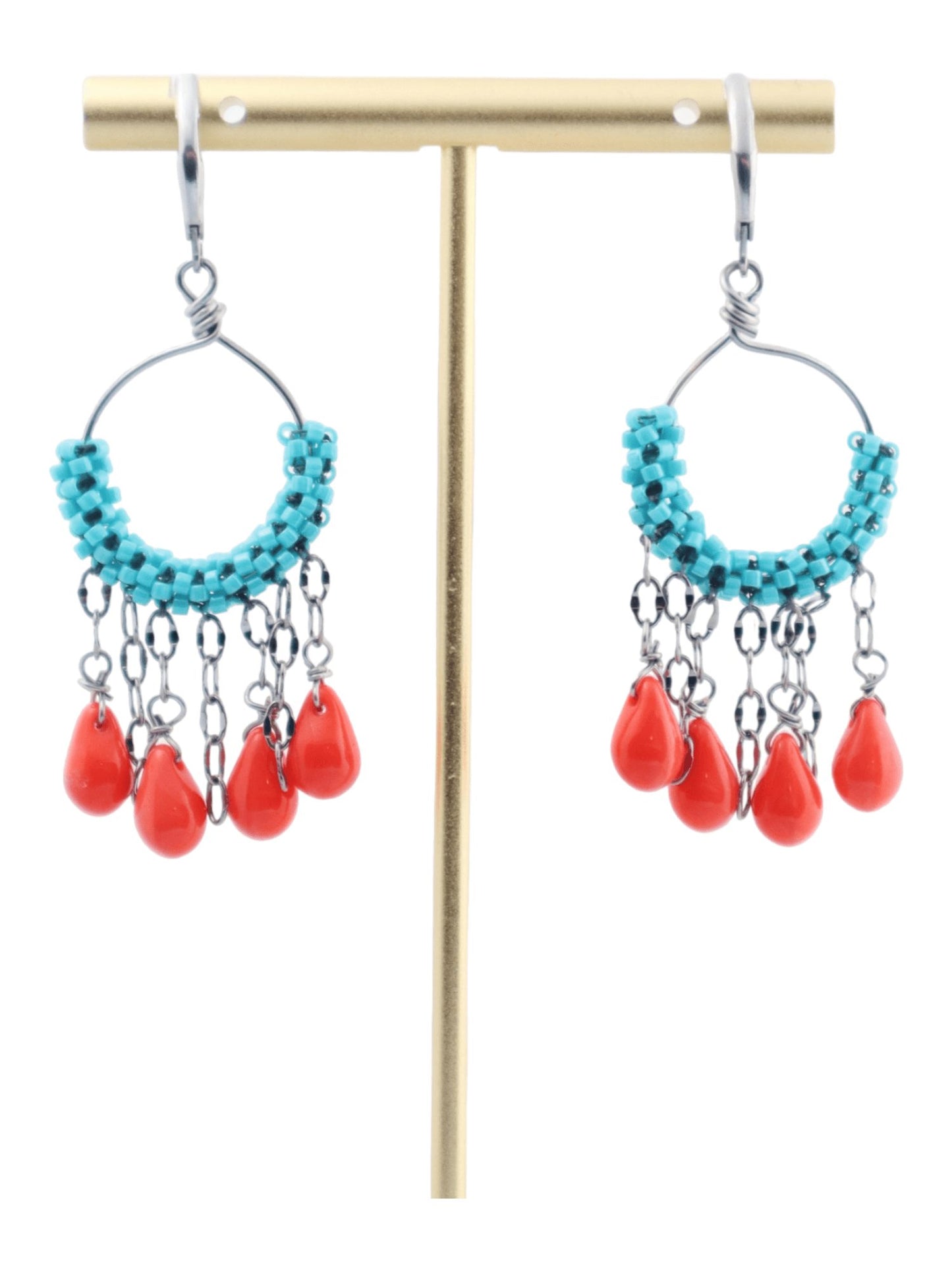 Turquoise Orange Teardrop Dangle Hoop Earrings - Statement Fashion Earrings by Kaleidoscopes And Polka Dots