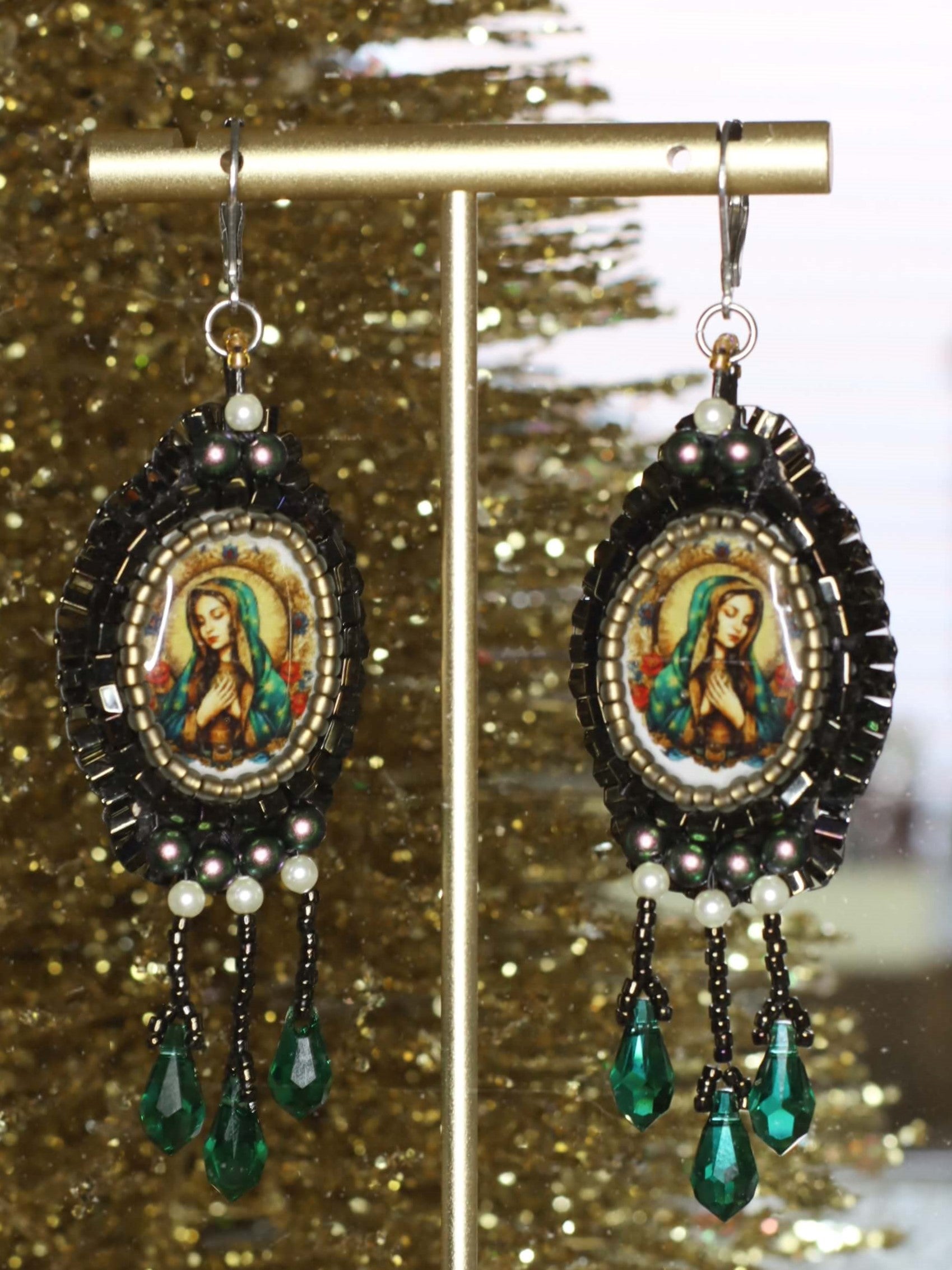 Virgin Mary Earrings - Virgen De Guadalupe Emerald Crystal Drop Earrings - Kaleidoscopes And Polka Dots