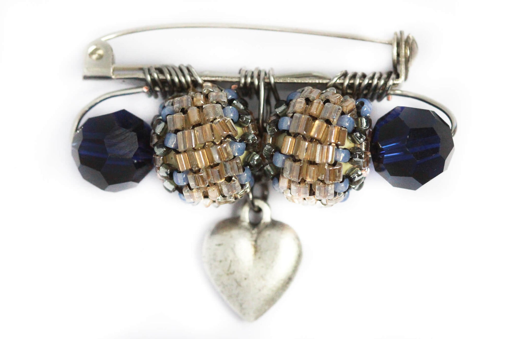 Vintage Inspired Silver Heart And Blue Beaded Crystal Brooch