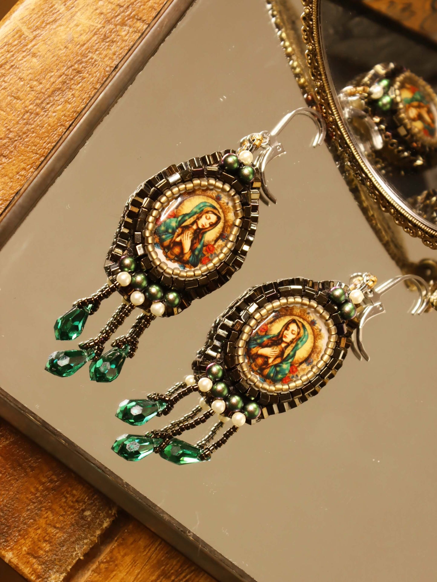 Virgen De Guadalupe Crystal Drop Earrings - Emerald Drop Earrings - Kaleidoscopes And Polka Dots