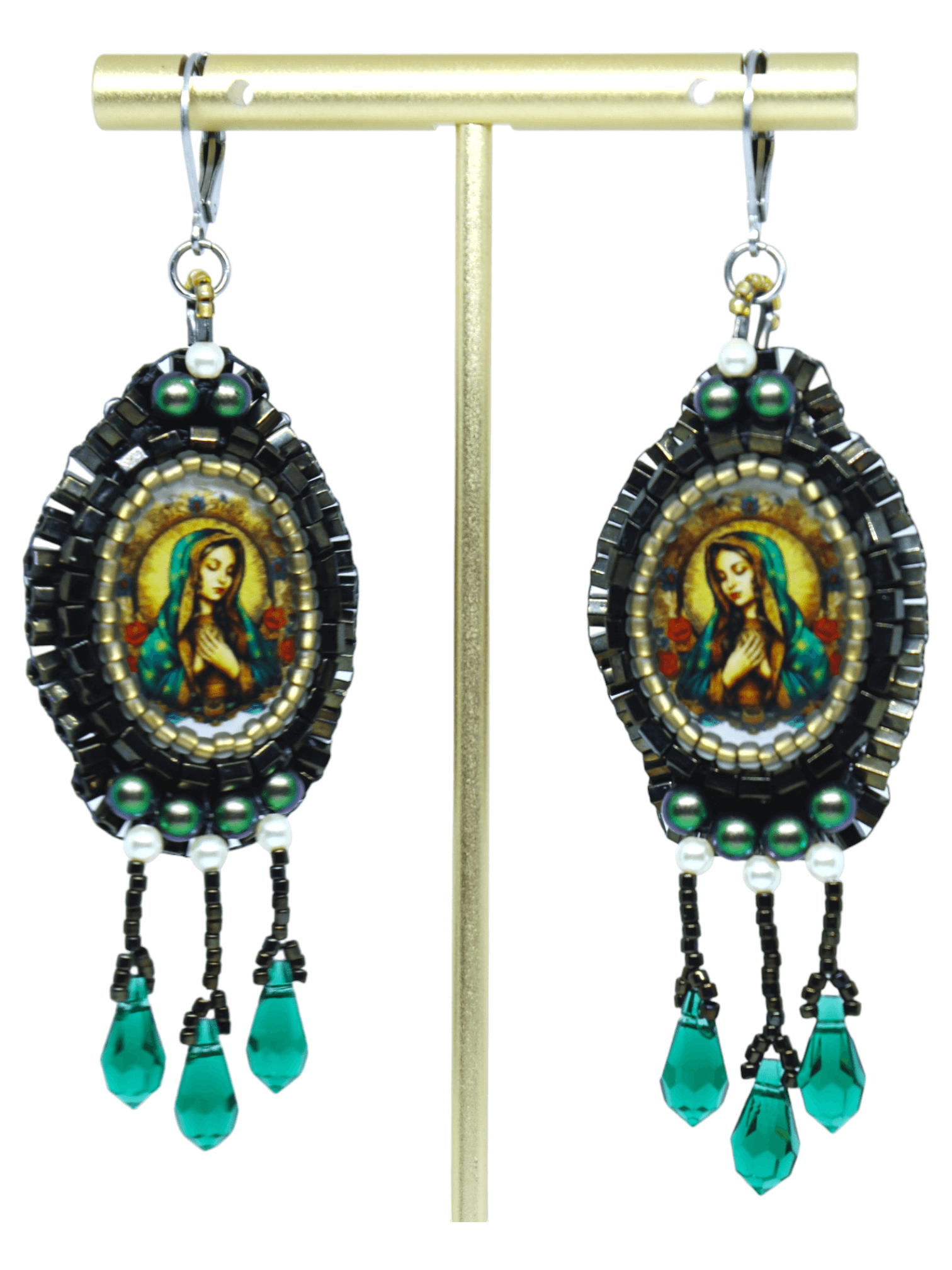 Beaded Virgin Mary Emerald Crystal Earrings