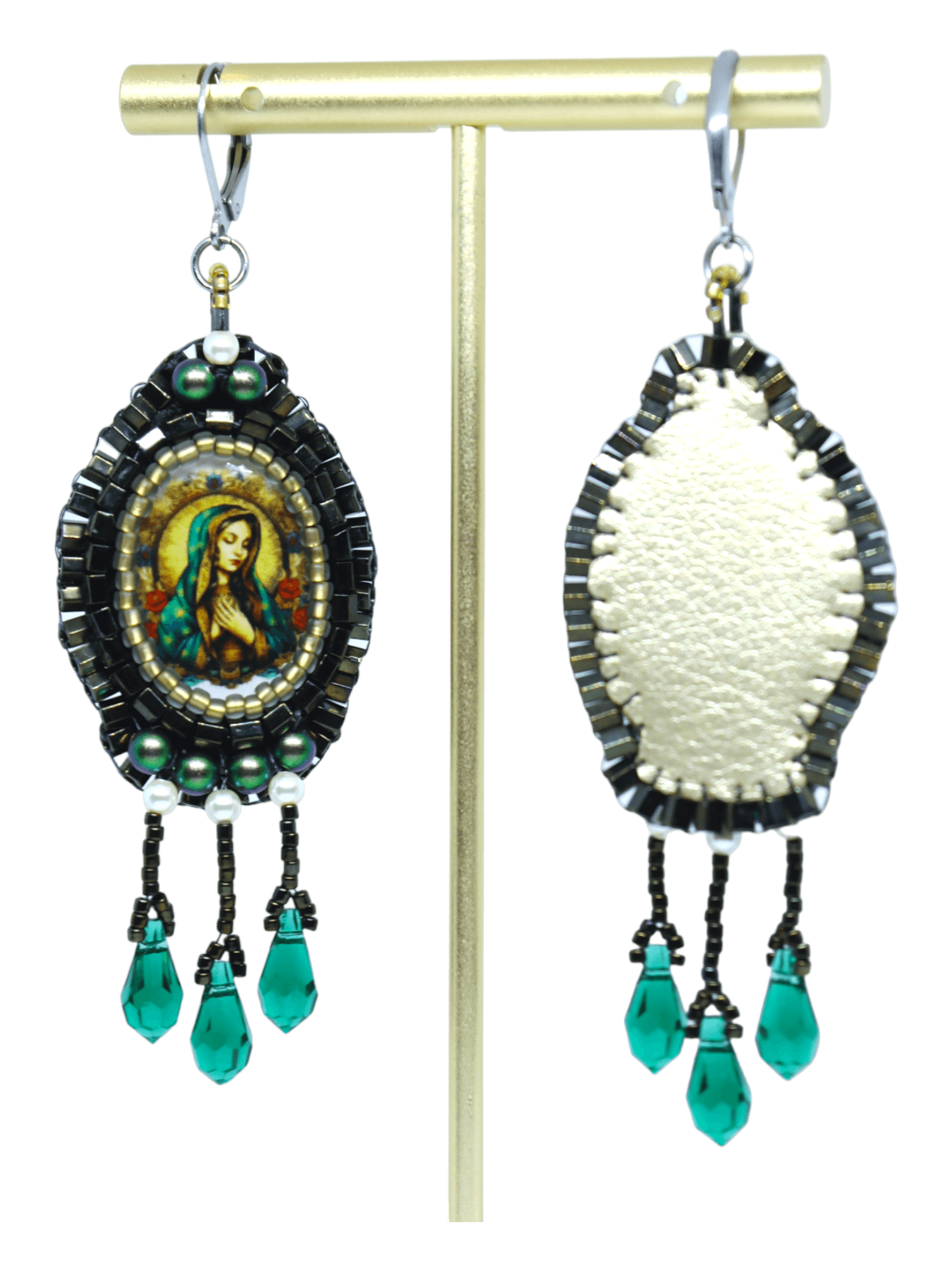 Virgin Mary Emerald Drop Beaded Earrings - Front And Back View - Beaded Earrings