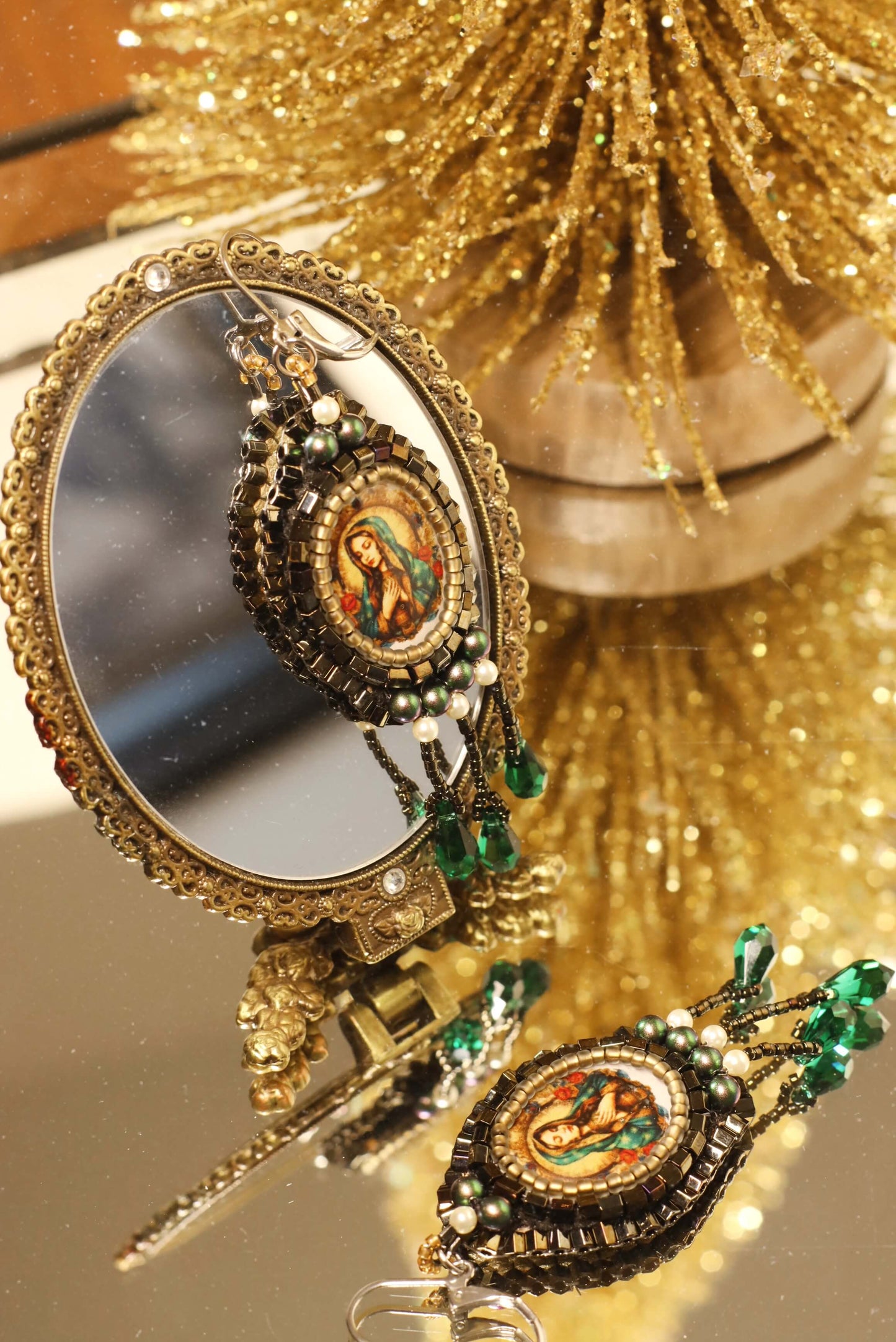 Virgin Mary Emerald Drop Earrings - Emerald Crystal Drop Earrings - Kaleidoscopes And Polka Dots
