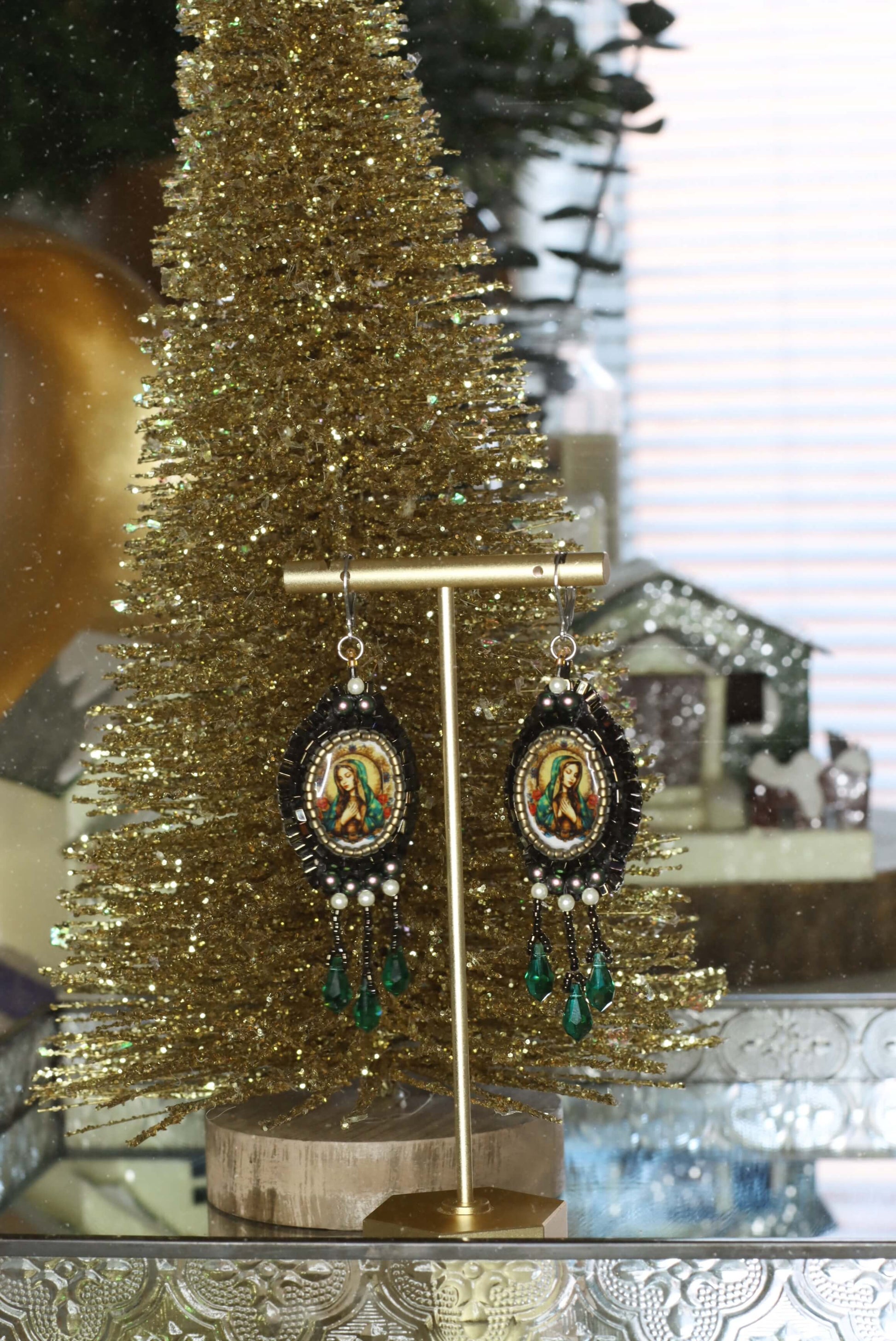 Virign Mary Emerald Drop Earrings - Virgen De Guadalupe - Kaleidoscopes And Polka Dots