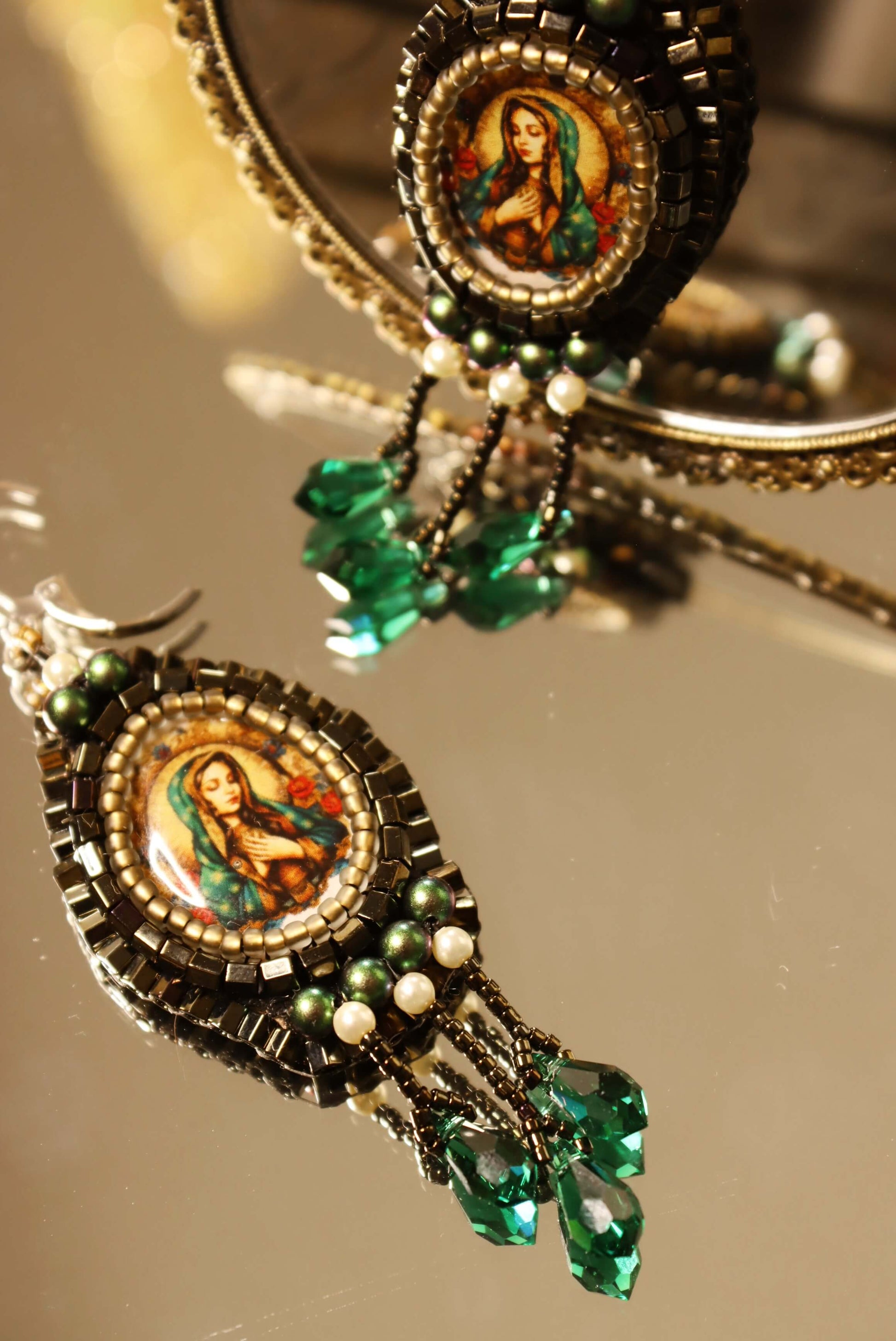 Virgin Mary Jewelry - Virgen De Guadalupe Emerald Drops - Kaleidoscopes And Polka Dots