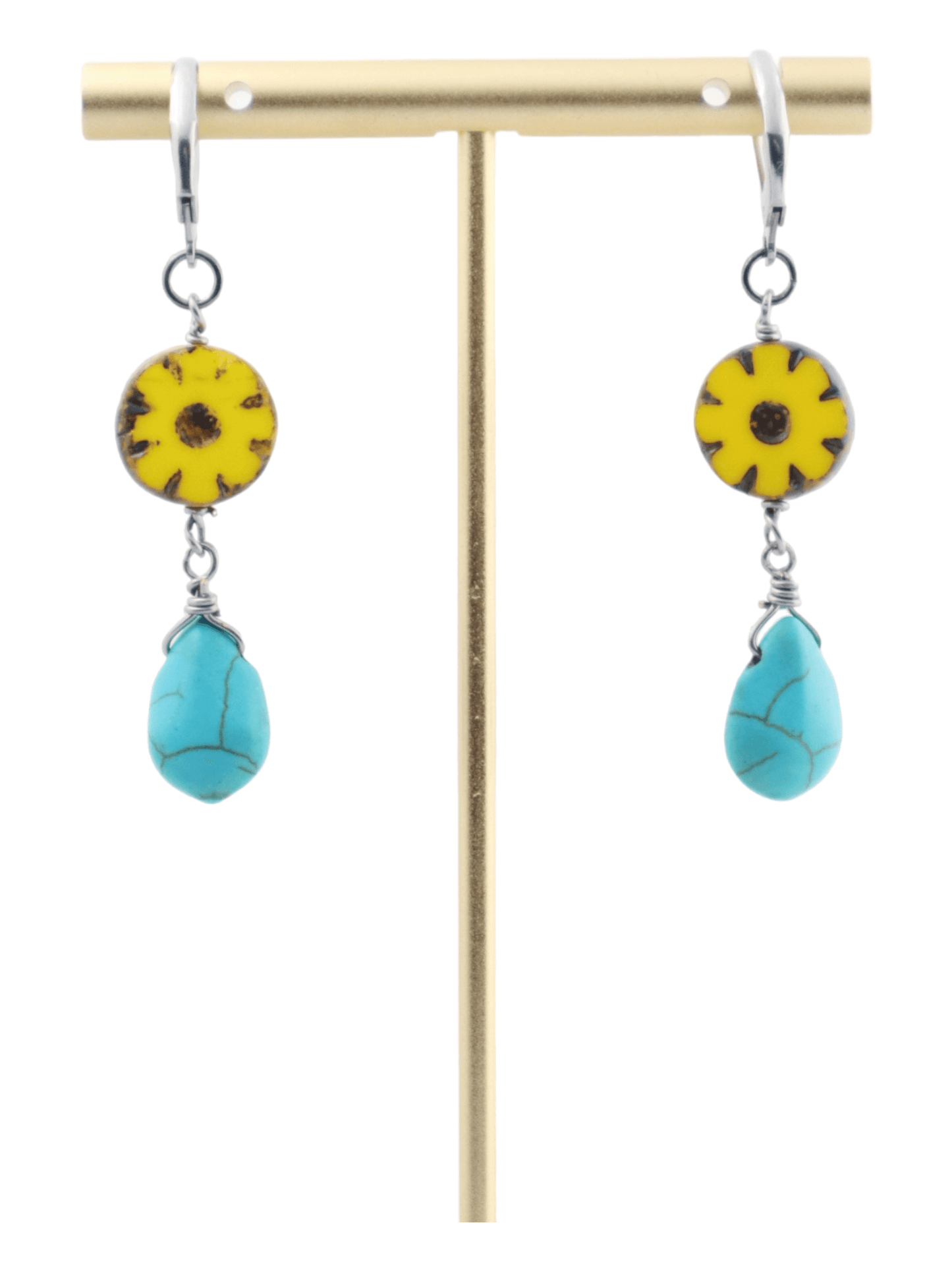 Yellow-Flower-Turquoise-Dangle-Earrings---Turquoise-Drop-Earrings---FRONT---Kaleidoscopes-And-Polka-Dots