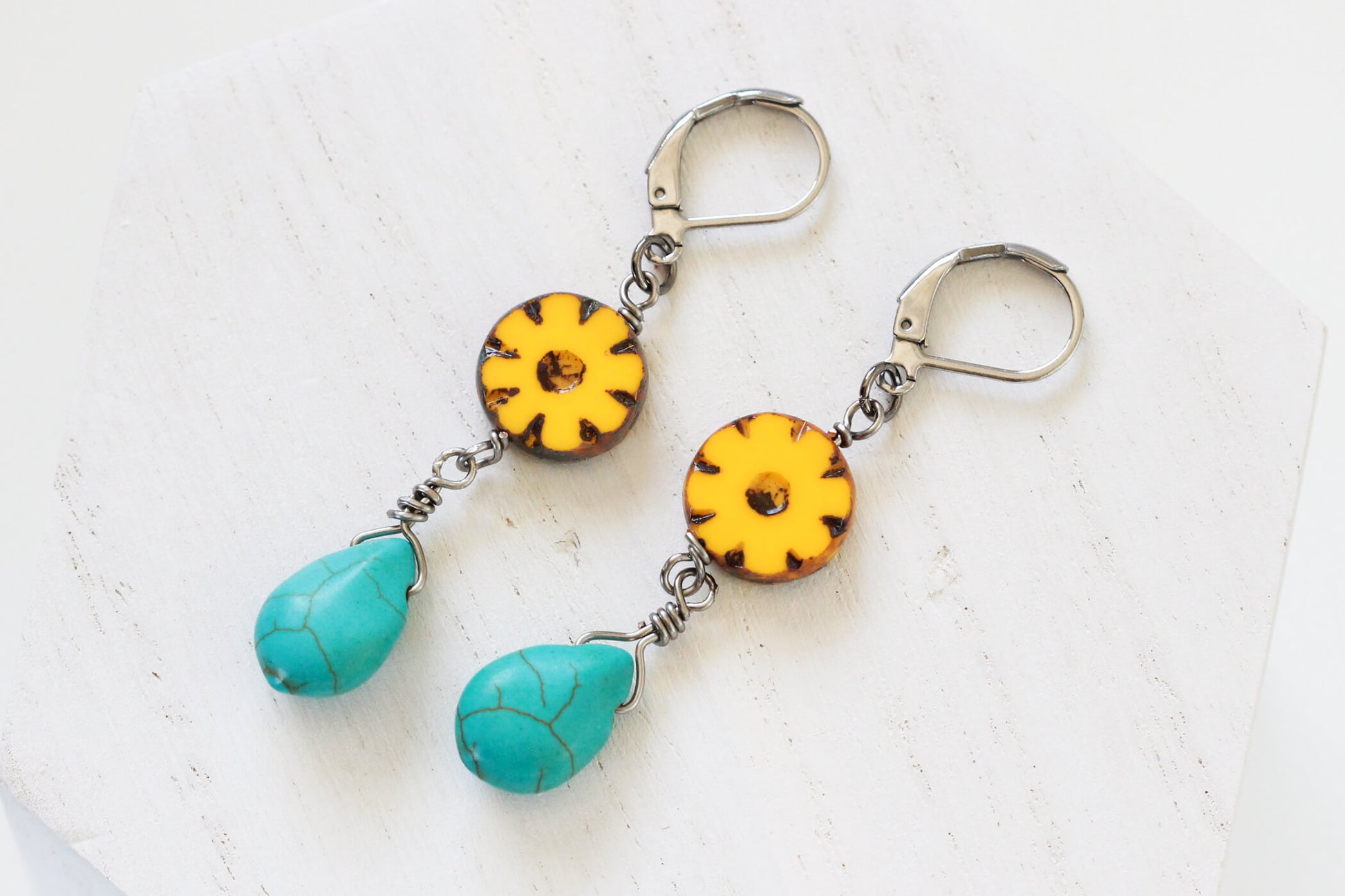 Yellow Flower Drop Earrings - Earrings For Work by Kaleidoscopes And Polka Dots