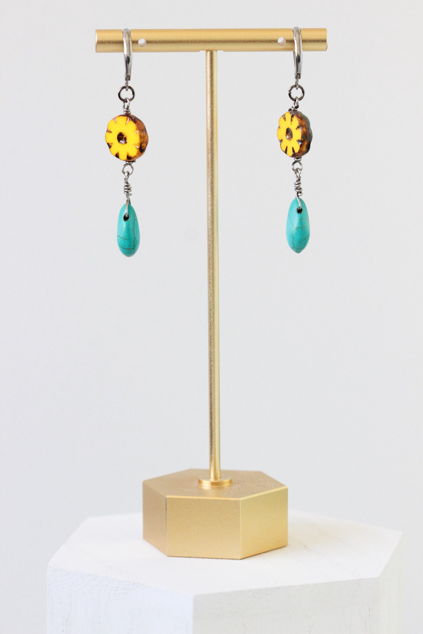Yellow Flower Turquoise Dangle Earrings - Dia De Los Muertos Jewelry - Flower Drop Earrings by Kaleidoscopes And Polka Dots