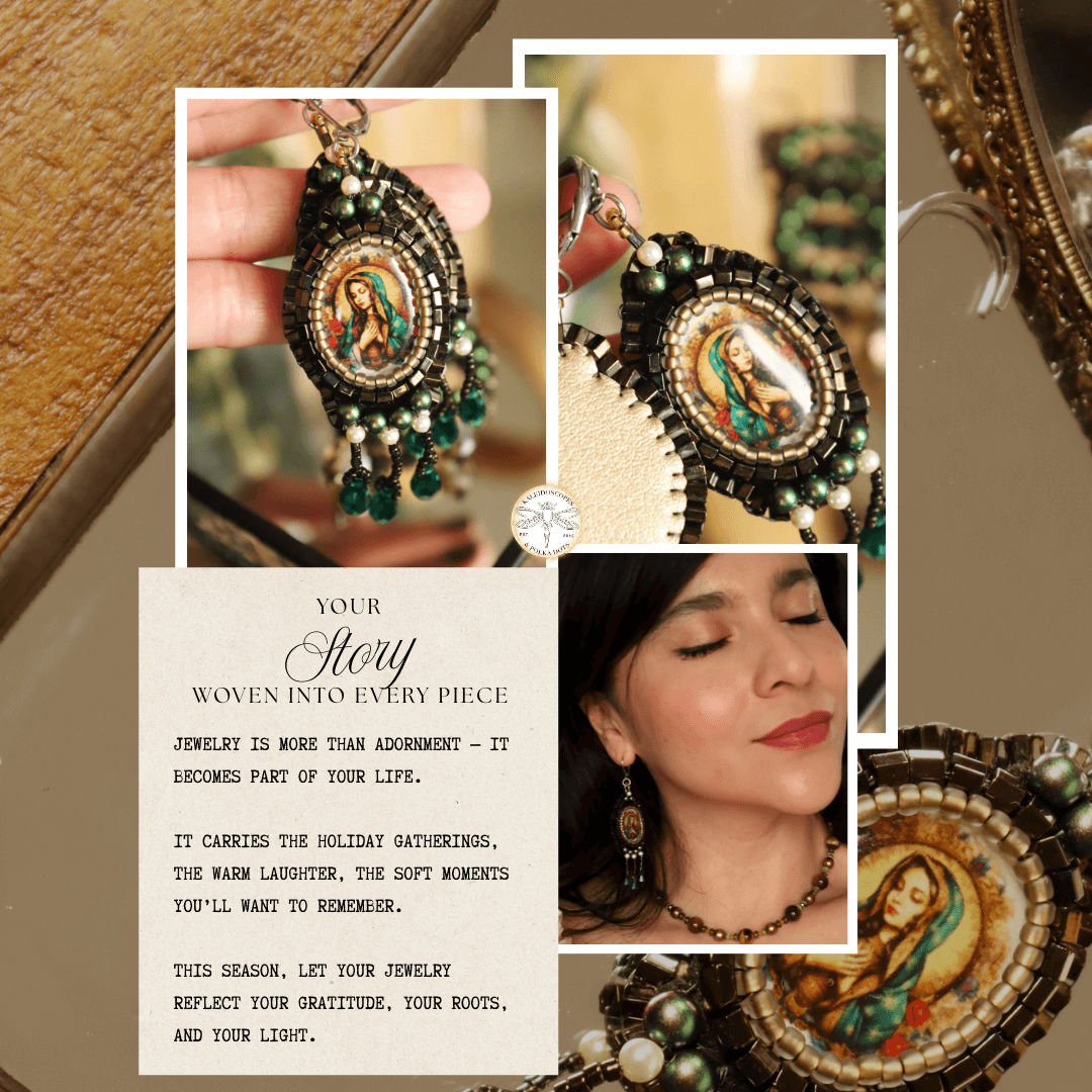 Jewelry set with religious theme, including earrings and necklace, on a decorative background.