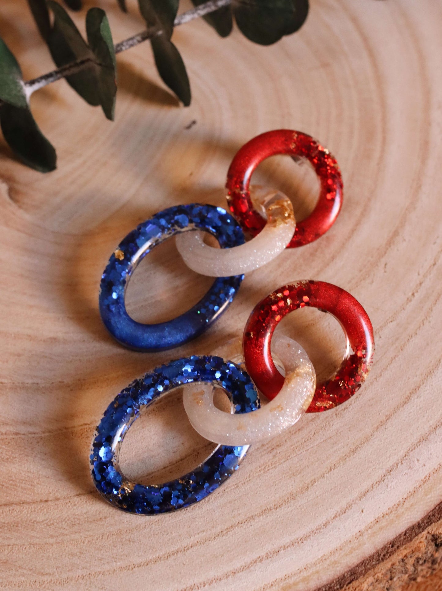 glittery-patriotic-link-earrings---hypoallergenic-earrings---red-white-and-blue-earrings---kaleidoscopes-and-polka-dots